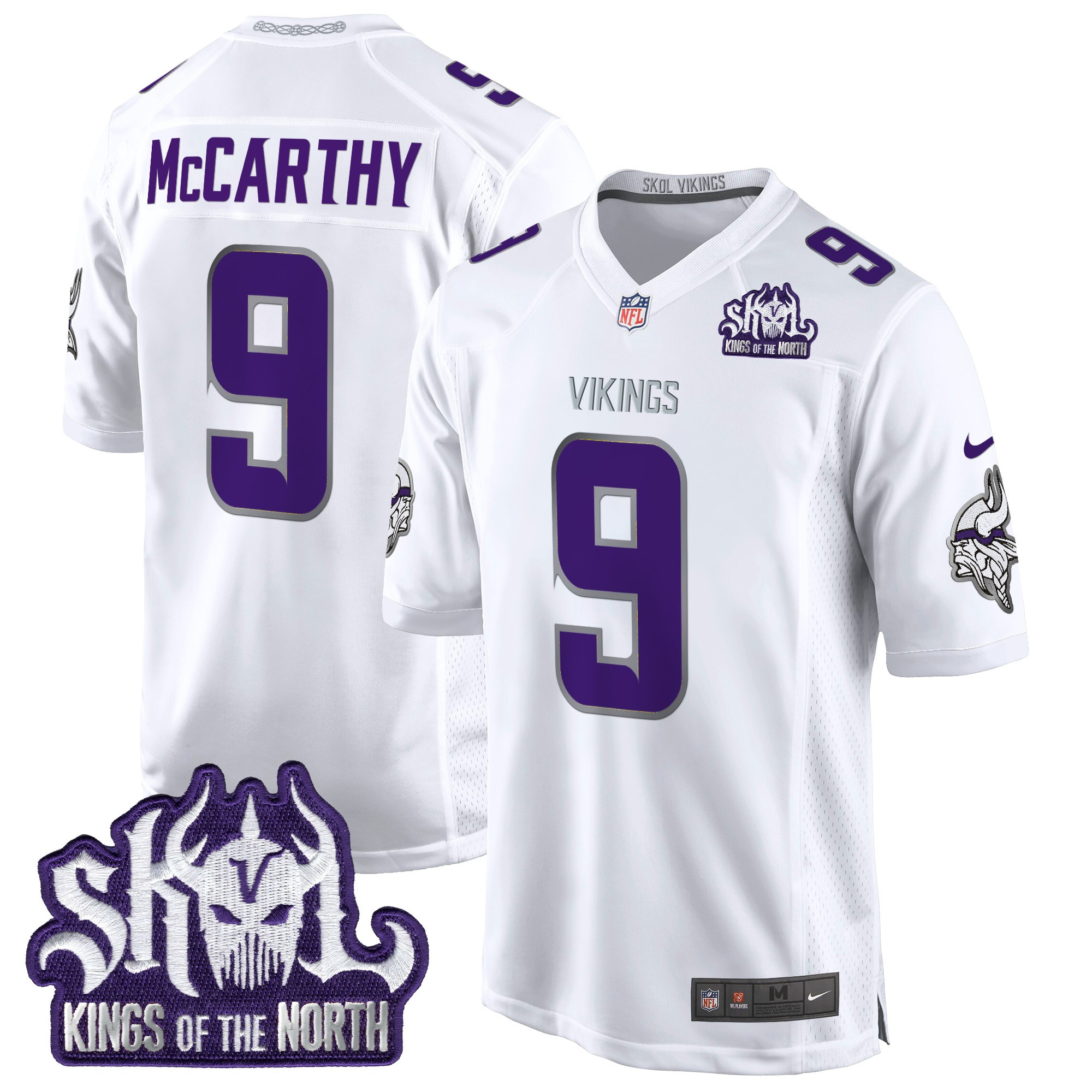 Men's J.J. McCarthy Minnesota Vikings King Of The North Patch Throwback Game Winter Warrior Jersey - All Stitched