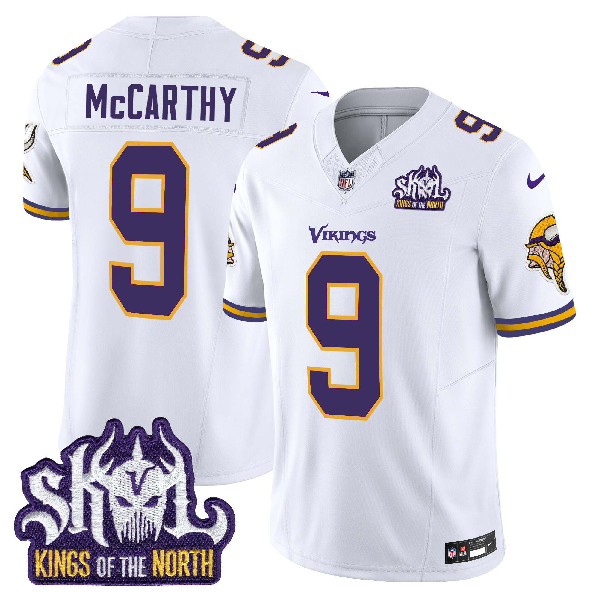 Men's J.J. McCarthy Minnesota Vikings King Of The North Patch Throwback Vapor Limited White Jersey - All Stitched