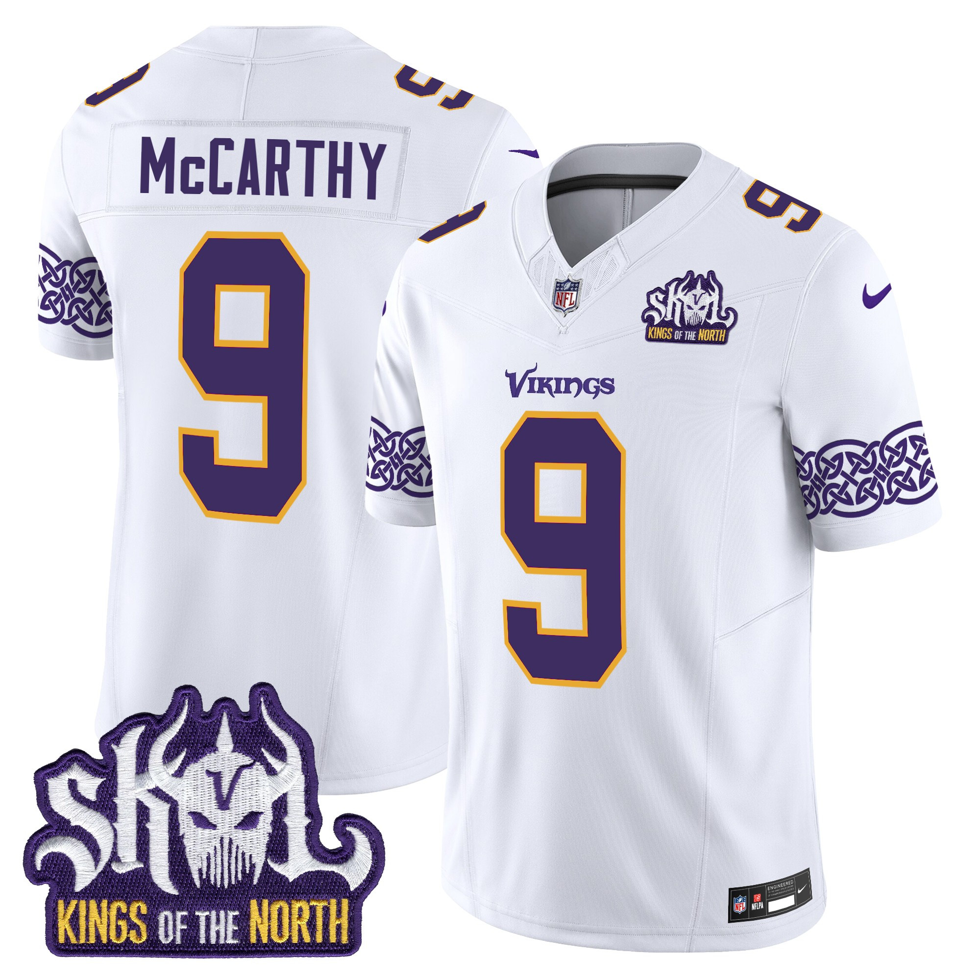 Men's J.J. McCarthy Minnesota Vikings King Of The North Patch Throwback Vapor Limited White Jersey - All Stitched