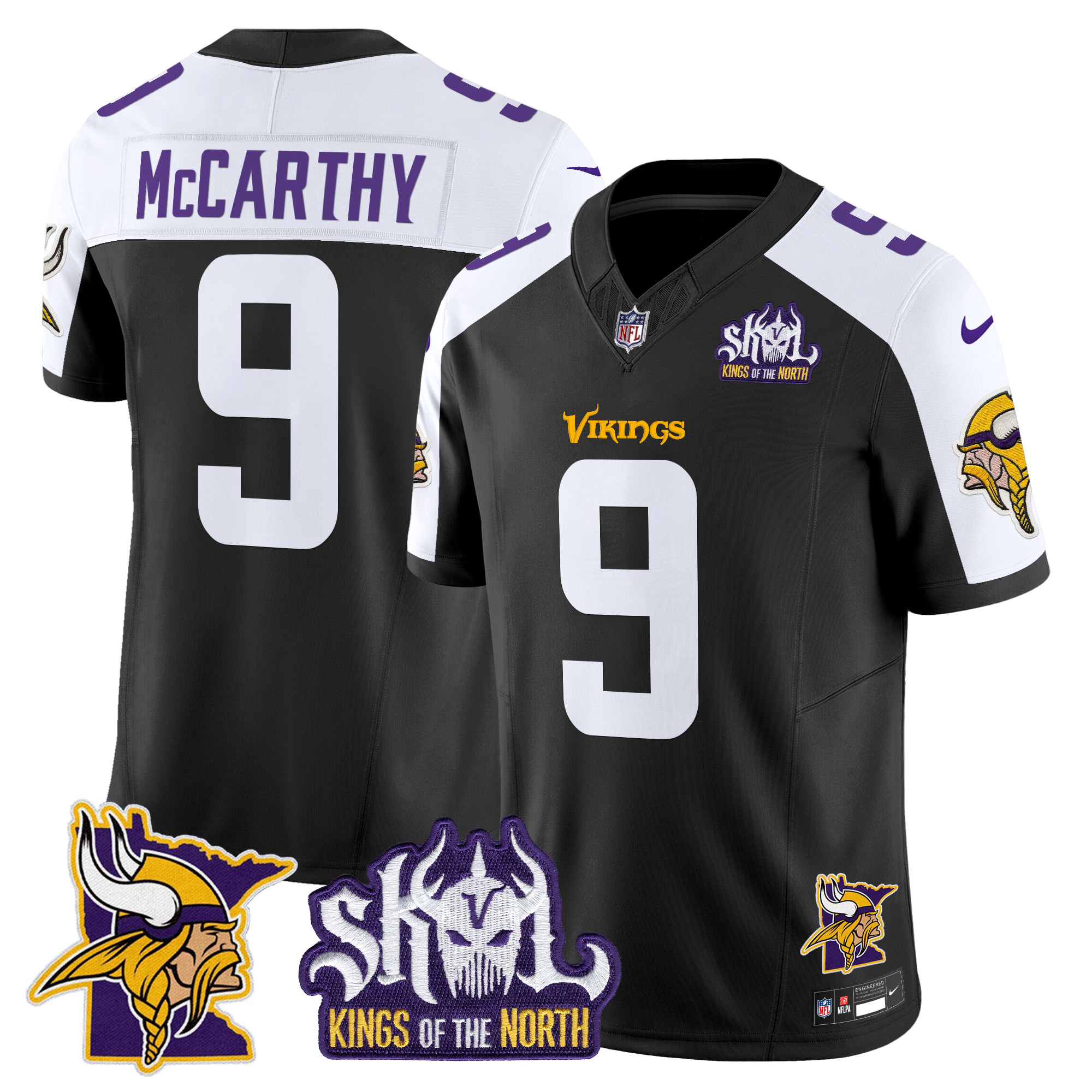 Men's J.J. McCarthy Minnesota Vikings Kings Of The North Patch Vapor Limited Black Alternate Jersey - All Stitched
