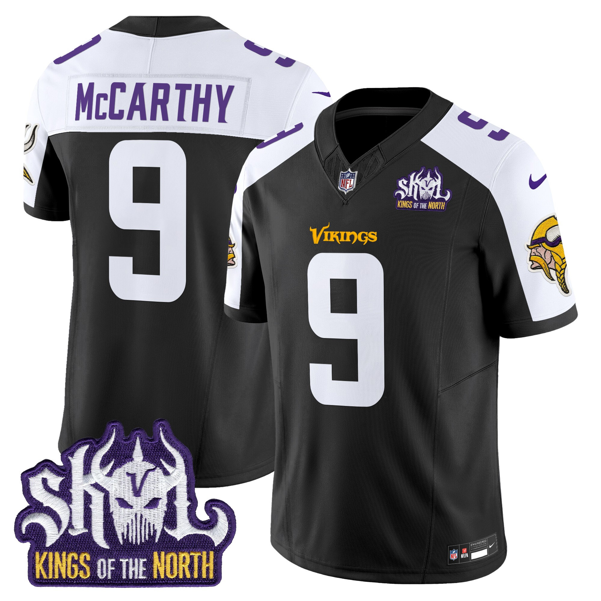 Men's J.J. McCarthy Minnesota Vikings Kings Of The North Patch Vapor Limited Black Alternate Jersey - All Stitched