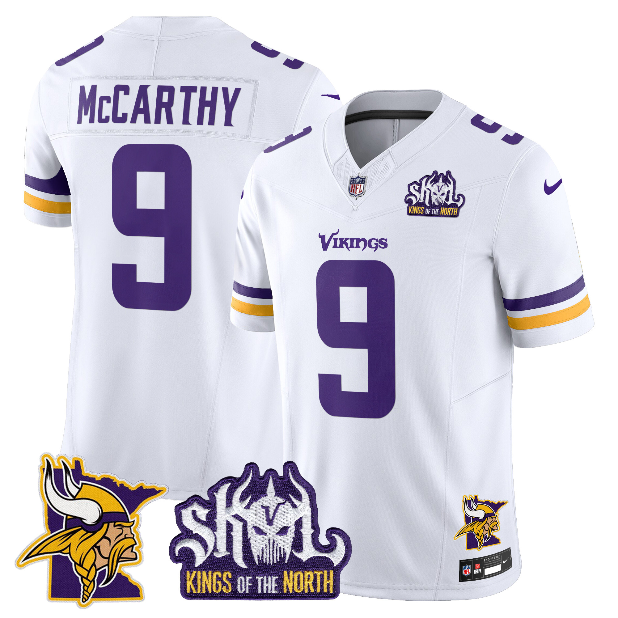 Men's J.J. McCarthy Minnesota Vikings Kings Of The North Patch Vapor Limited White Jersey - All Stitched