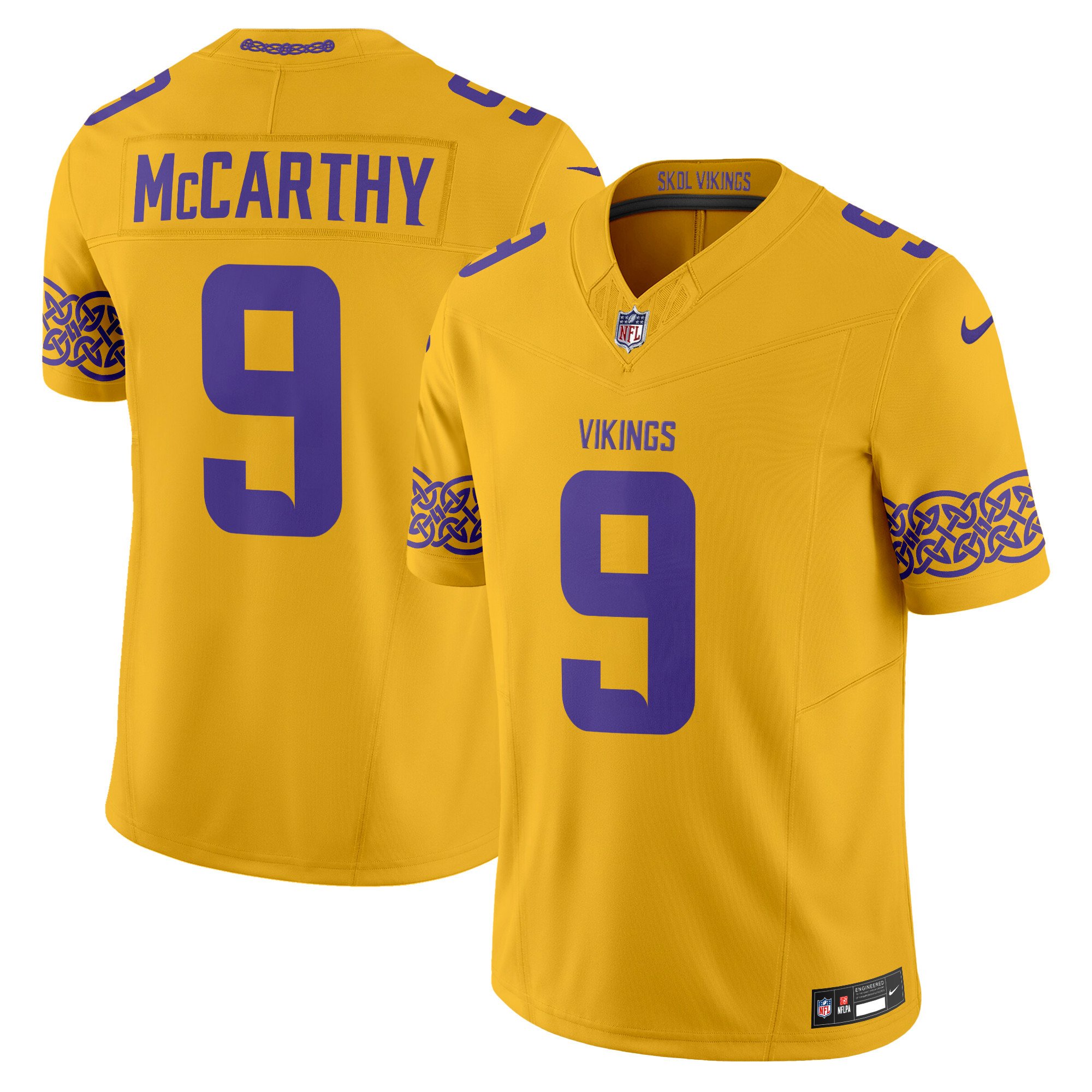 Men's J.J. McCarthy Minnesota Vikings Nordic Pattern Vapor Limited Gold Jersey - All Stitched