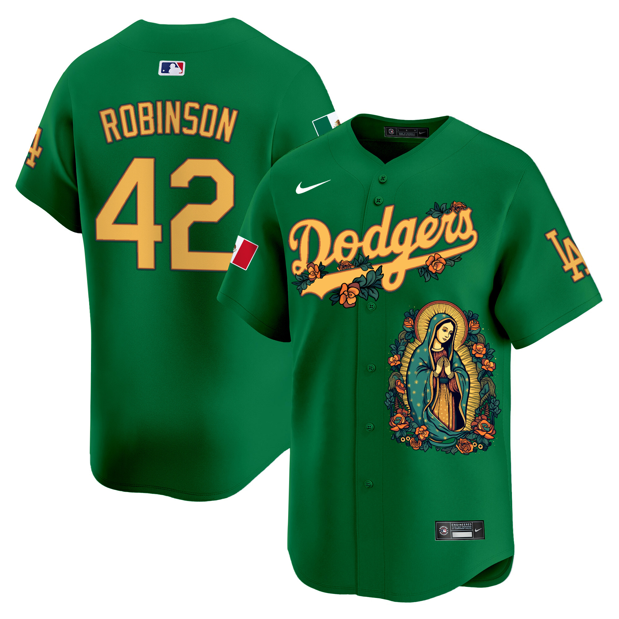 Men's Jackie Robinson Los Angeles Dodgers Mexico Guadalupe Vapor Premier Limited Green Jersey - Printed