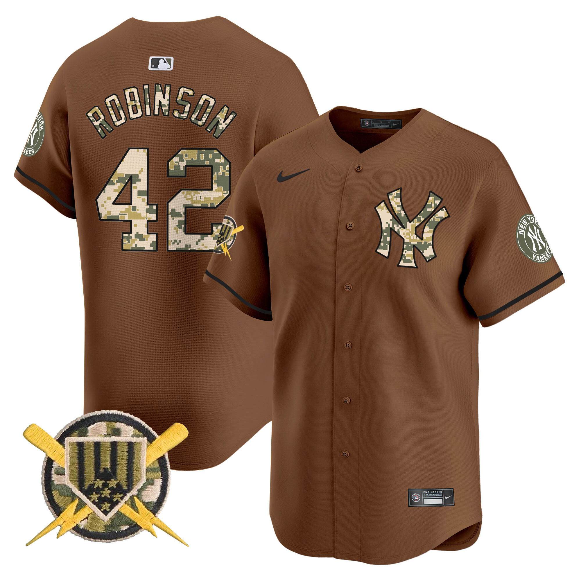 Men's Jackie Robinson New York Yankees Armed Forces Day Vapor Premier Limited Brown Jersey - All Stitched