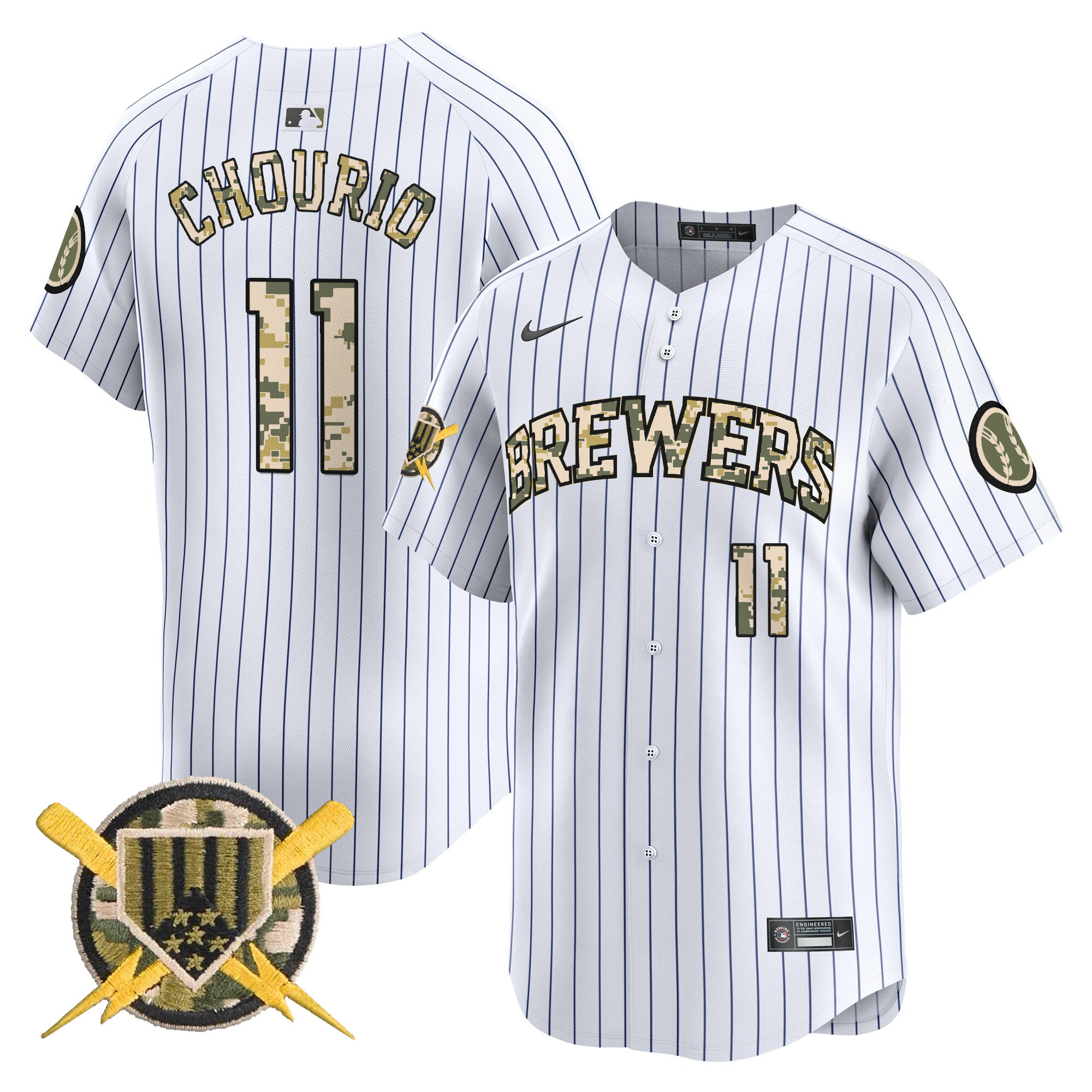Men's Jackson Chourio Milwaukee Brewers Armed Forces Day Vapor Premier Limited Pinstripe Jersey - All Stitched