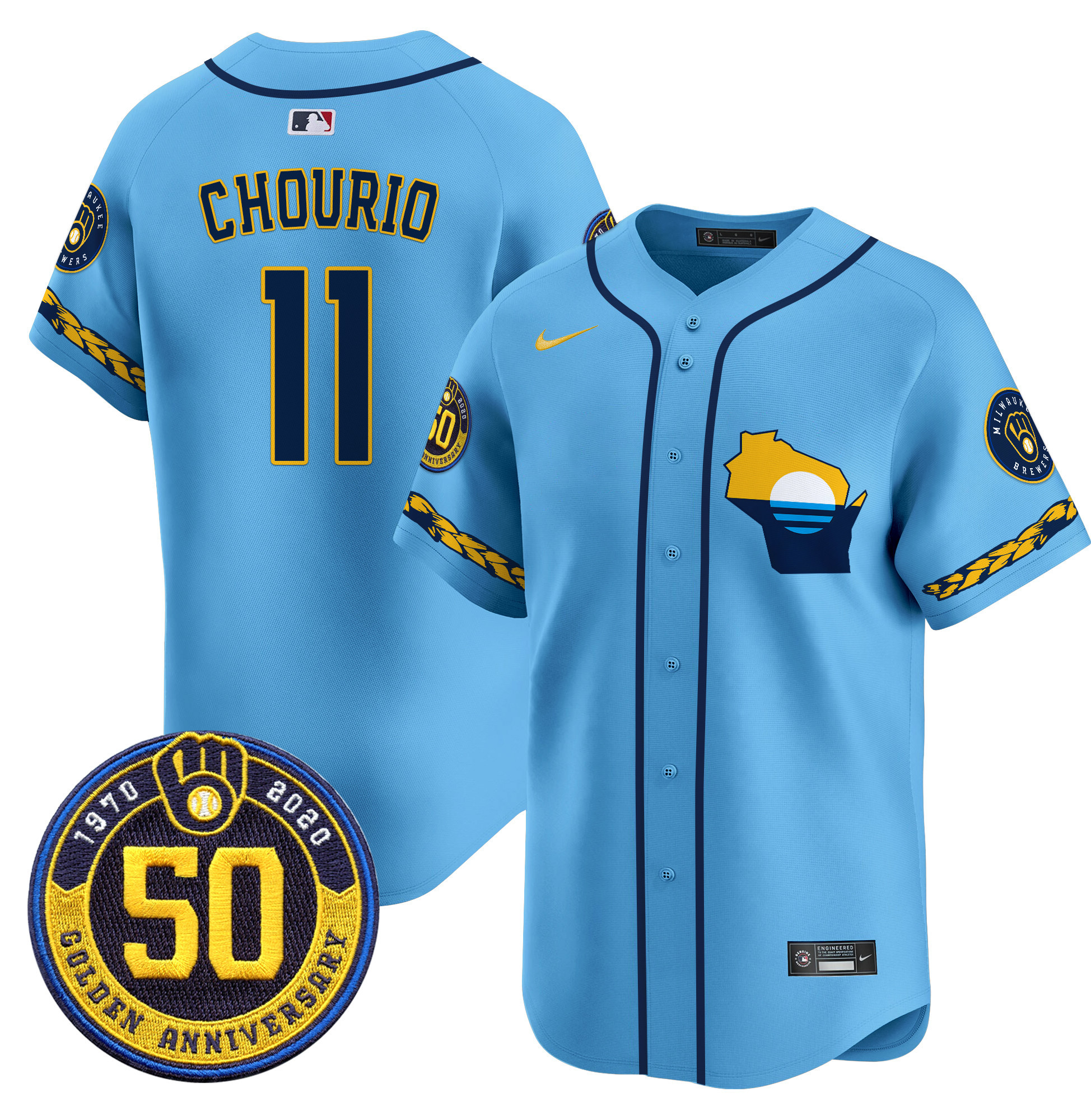 Men's Jackson Chourio Milwaukee Brewers Golden 50th Anniversary Patch Vapor Premier Limited Blue Jersey - All Stitched