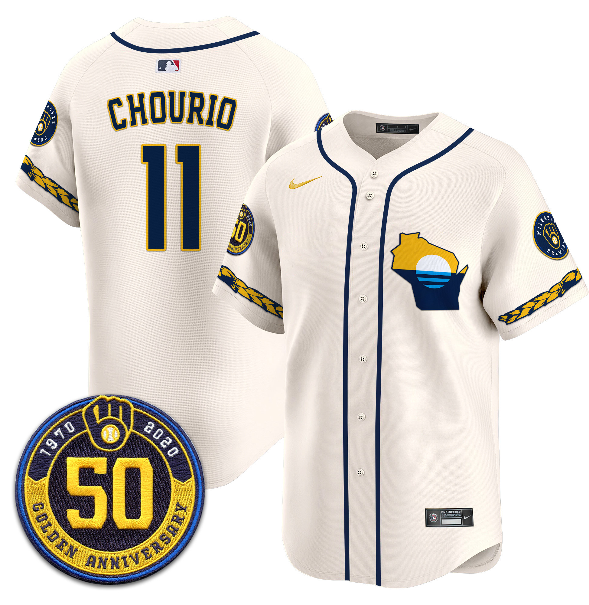 Men's Jackson Chourio Milwaukee Brewers Golden 50th Anniversary Patch Vapor Premier Limited Cream Jersey - All Stitched