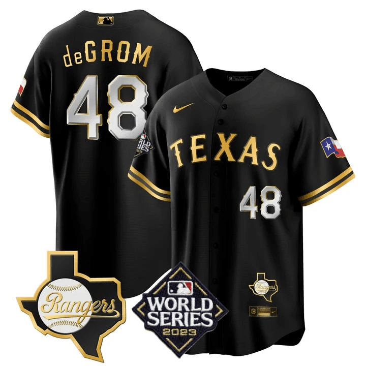Men's Jacob DeGrom Texas Rangers 2023 World Series & Texas State Patch Cool Base Gold Black Gold Jersey V2 ñ All Stitched
