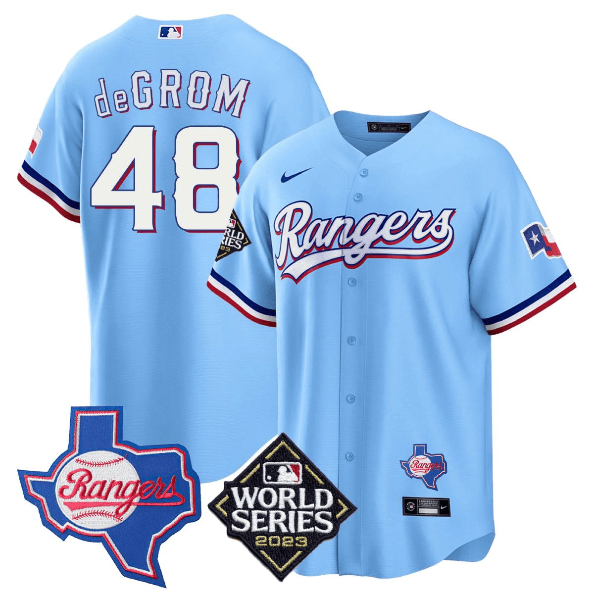 Men's Jacob DeGrom Texas Rangers 2023 World Series & Texas State Patch Cool Base Gold Blue Jersey V2 ñ All Stitched
