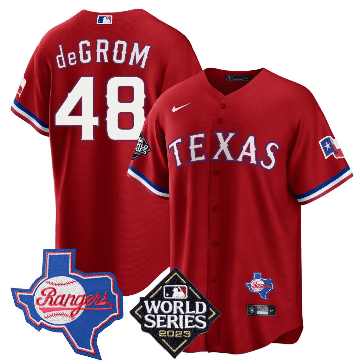 Men's Jacob DeGrom Texas Rangers 2023 World Series & Texas State Patch Cool Base Gold Red Jersey V2 ñ All Stitched