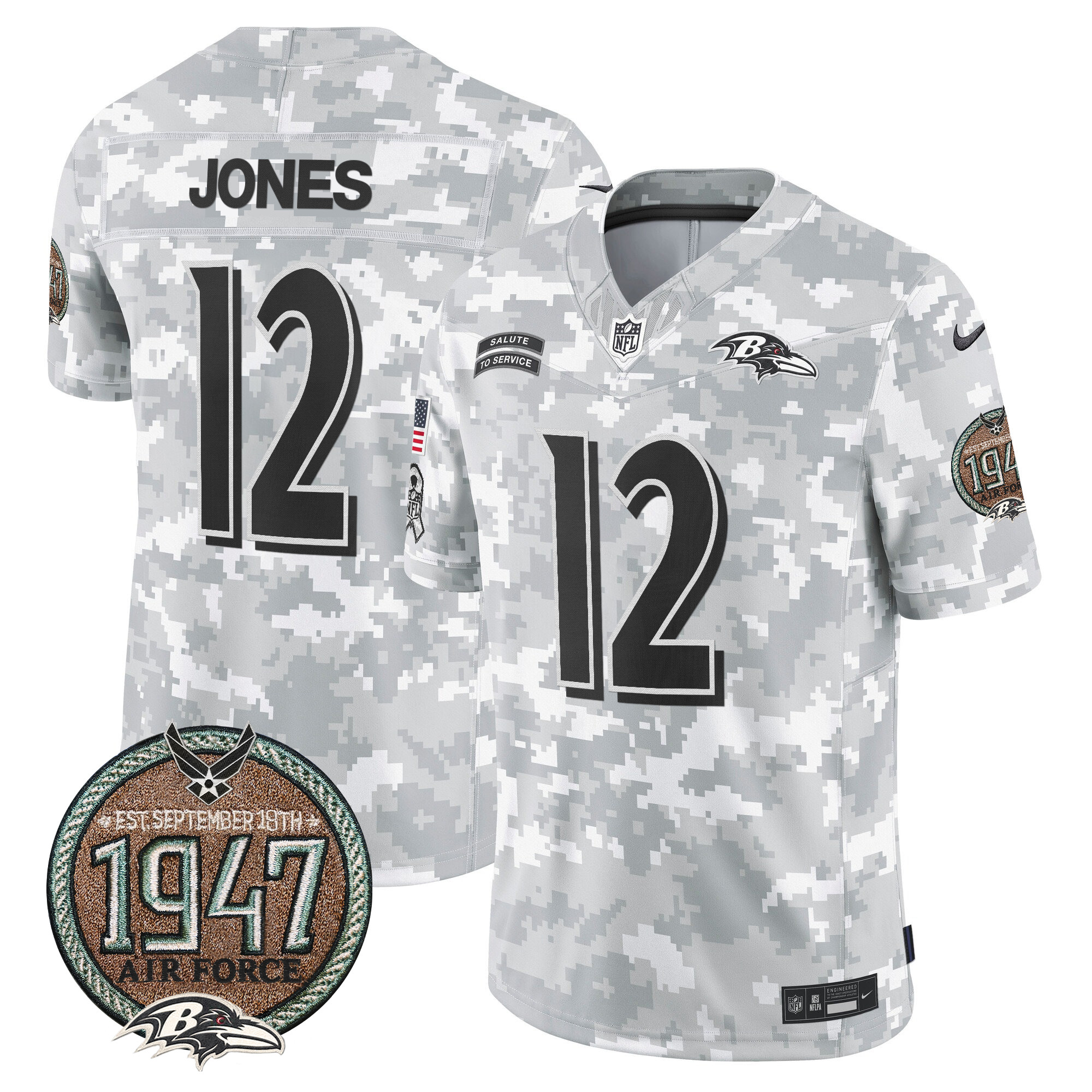 Men's Jacoby Jones Baltimore Ravens 2024 Salute to Service Establishment Year Patch Vapor Limited Air Force Jersey - All Stitched