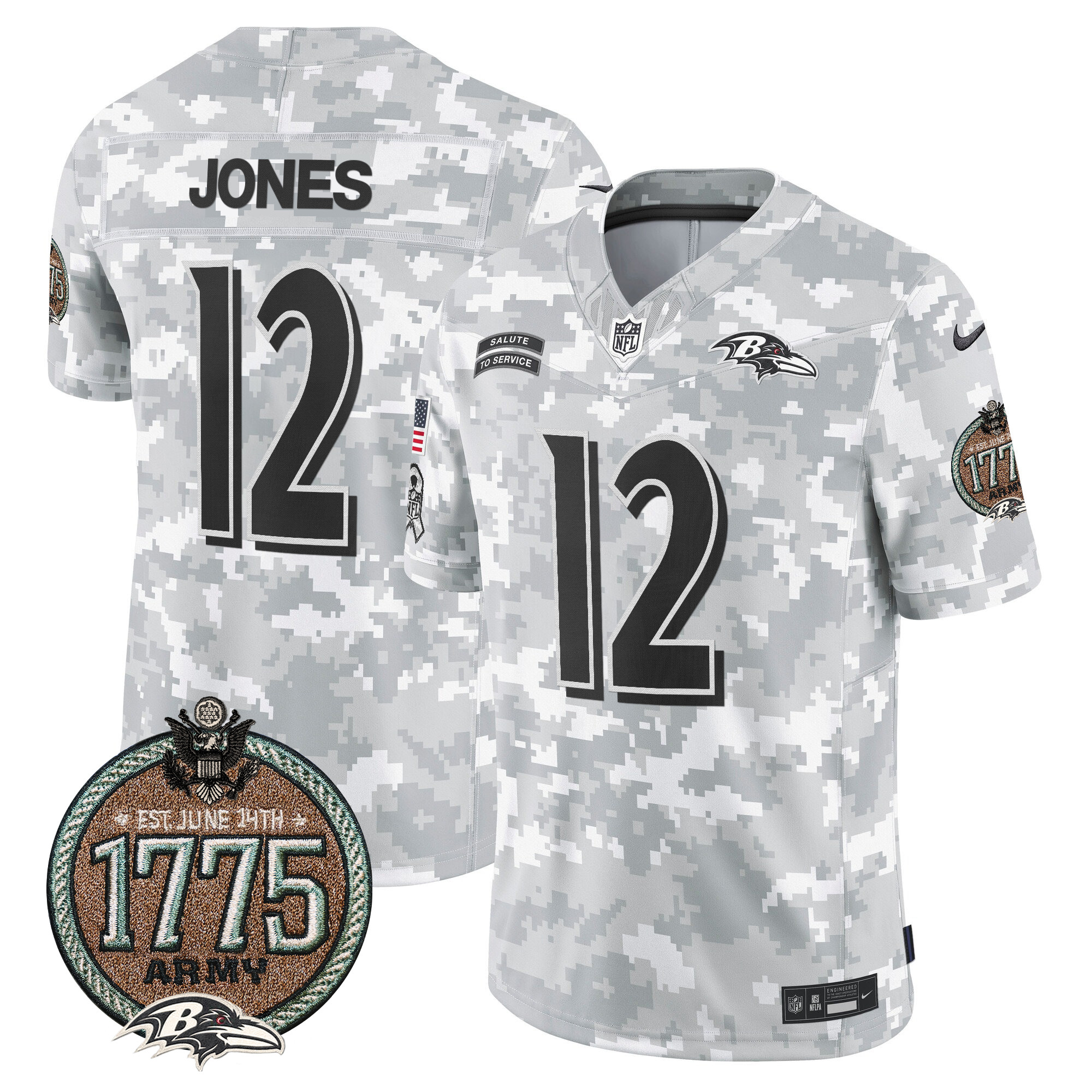 Men's Jacoby Jones Baltimore Ravens 2024 Salute to Service Establishment Year Patch Vapor Limited Army Jersey - All Stitched