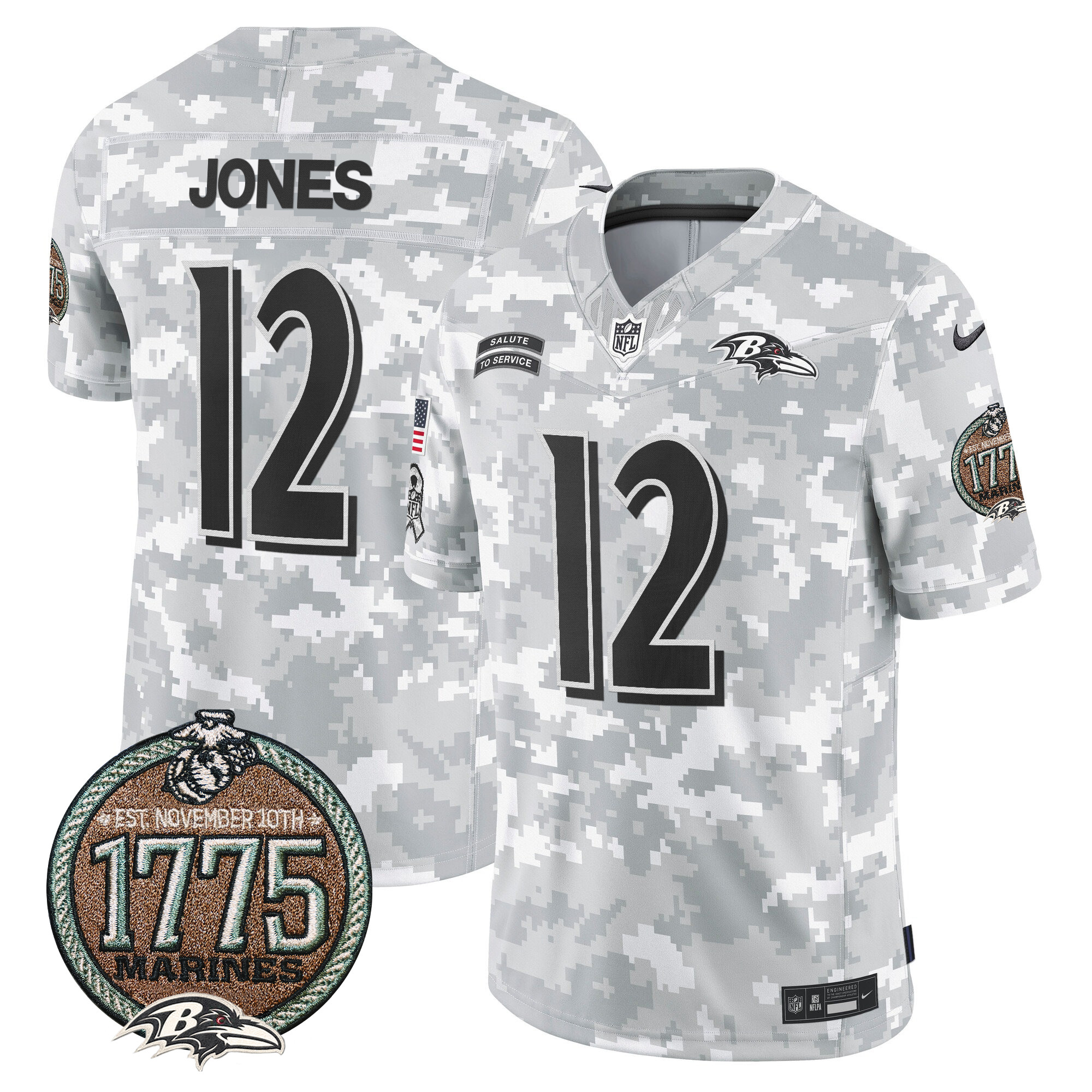 Men's Jacoby Jones Baltimore Ravens 2024 Salute to Service Establishment Year Patch Vapor Limited Marines Jersey - All Stitched