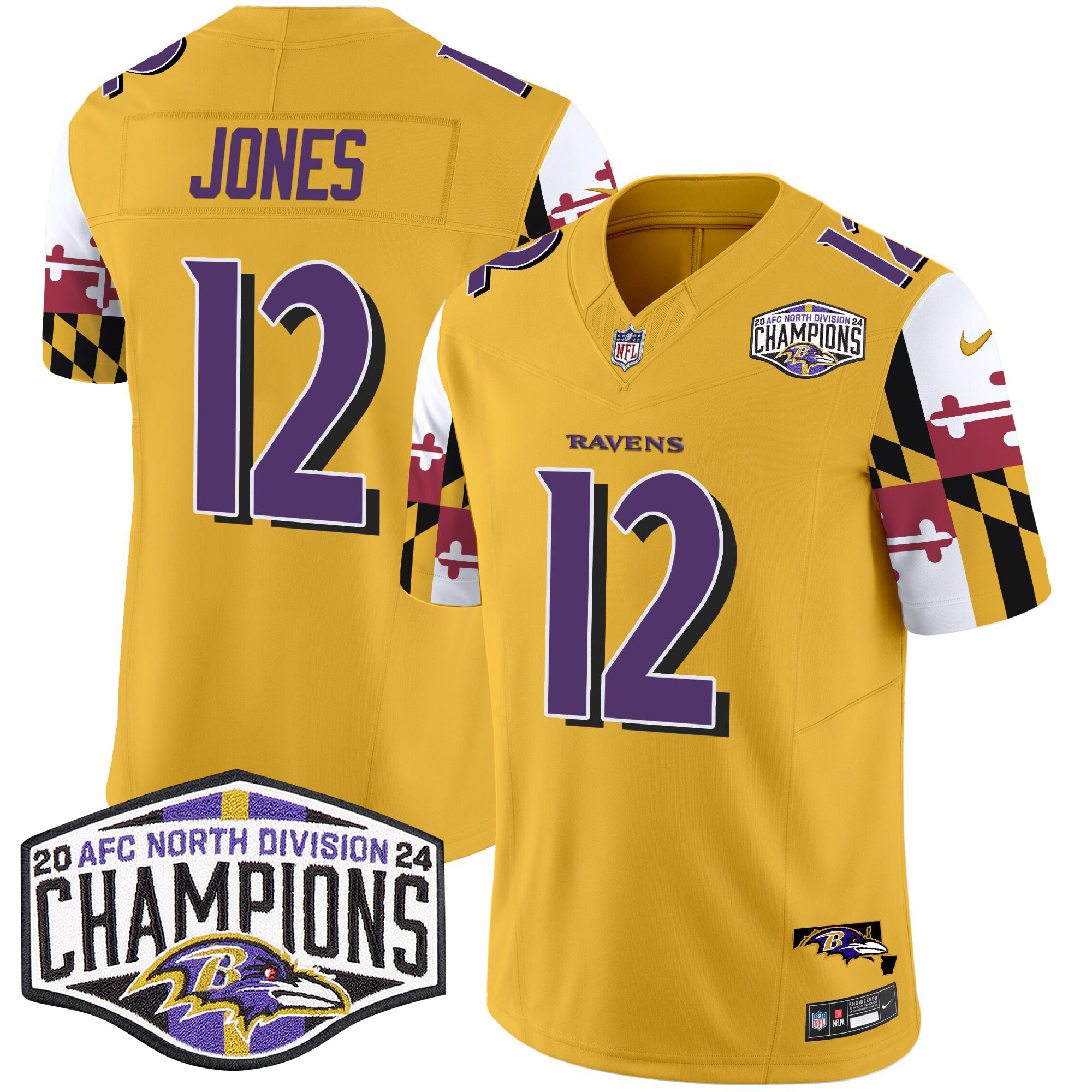 Men's Jacoby Jones Baltimore Ravens Maryland Flag 2024 AFC North Division Champions Patch Vapor Limited Gold Jersey - All Stitched