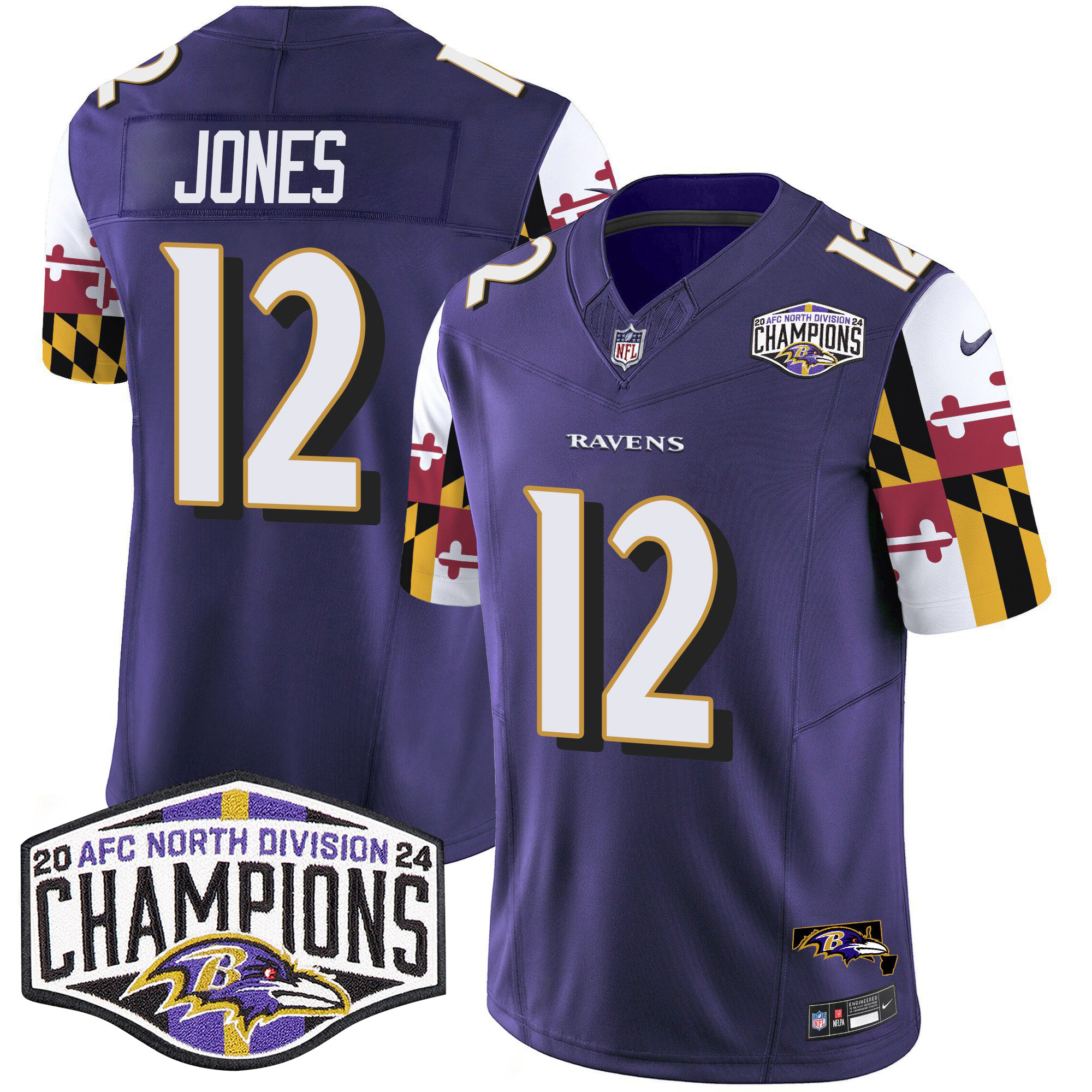 Men's Jacoby Jones Baltimore Ravens Maryland Flag 2024 AFC North Division Champions Patch Vapor Limited Purple Jersey - All Stitched