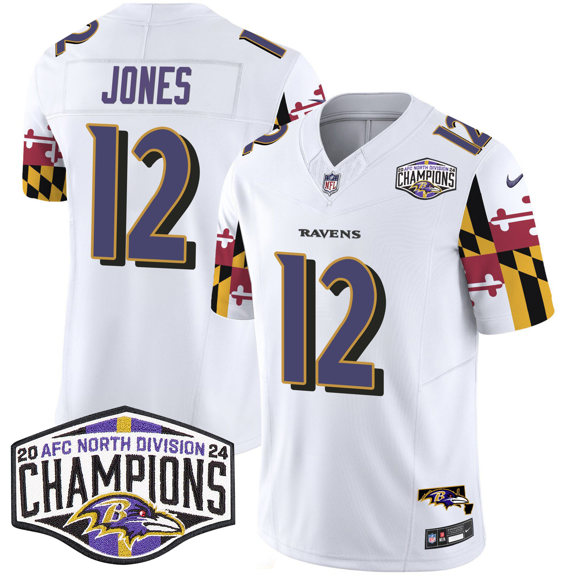 Men's Jacoby Jones Baltimore Ravens Maryland Flag 2024 AFC North Division Champions Patch Vapor Limited White Jersey - All Stitched