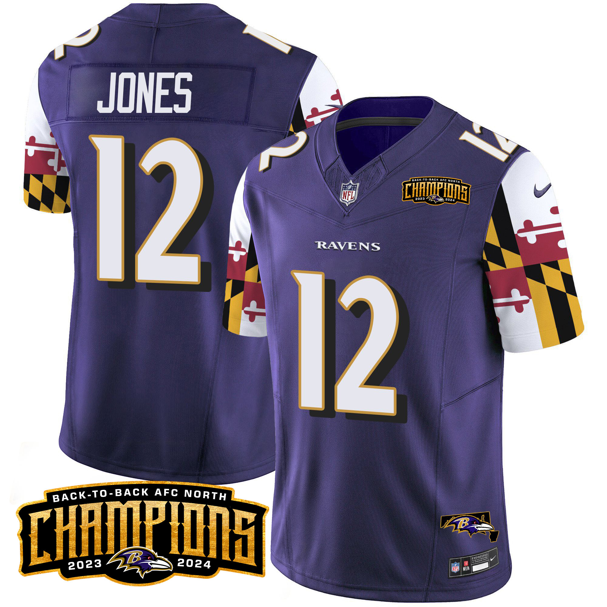 Men's Jacoby Jones Baltimore Ravens Maryland Flag Back To Back AFC North Champions Patch Vapor Limited Purple Jersey - All Stitched