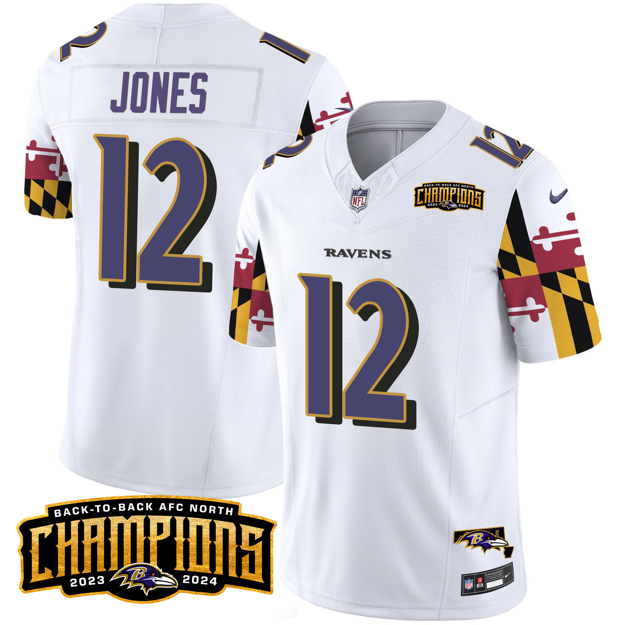 Men's Jacoby Jones Baltimore Ravens Maryland Flag Back To Back AFC North Champions Patch Vapor Limited White Jersey - All Stitched