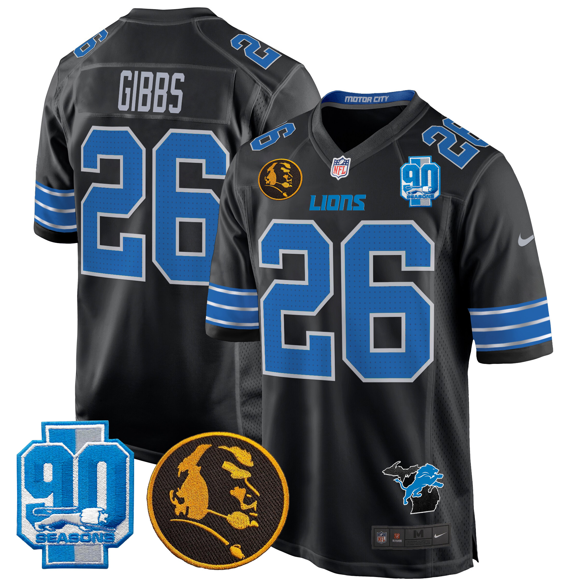 Men's Jahmyr Gibbs Detroit Lions 2024 90th & John Madden Patch Game Black Jersey - All Stitched