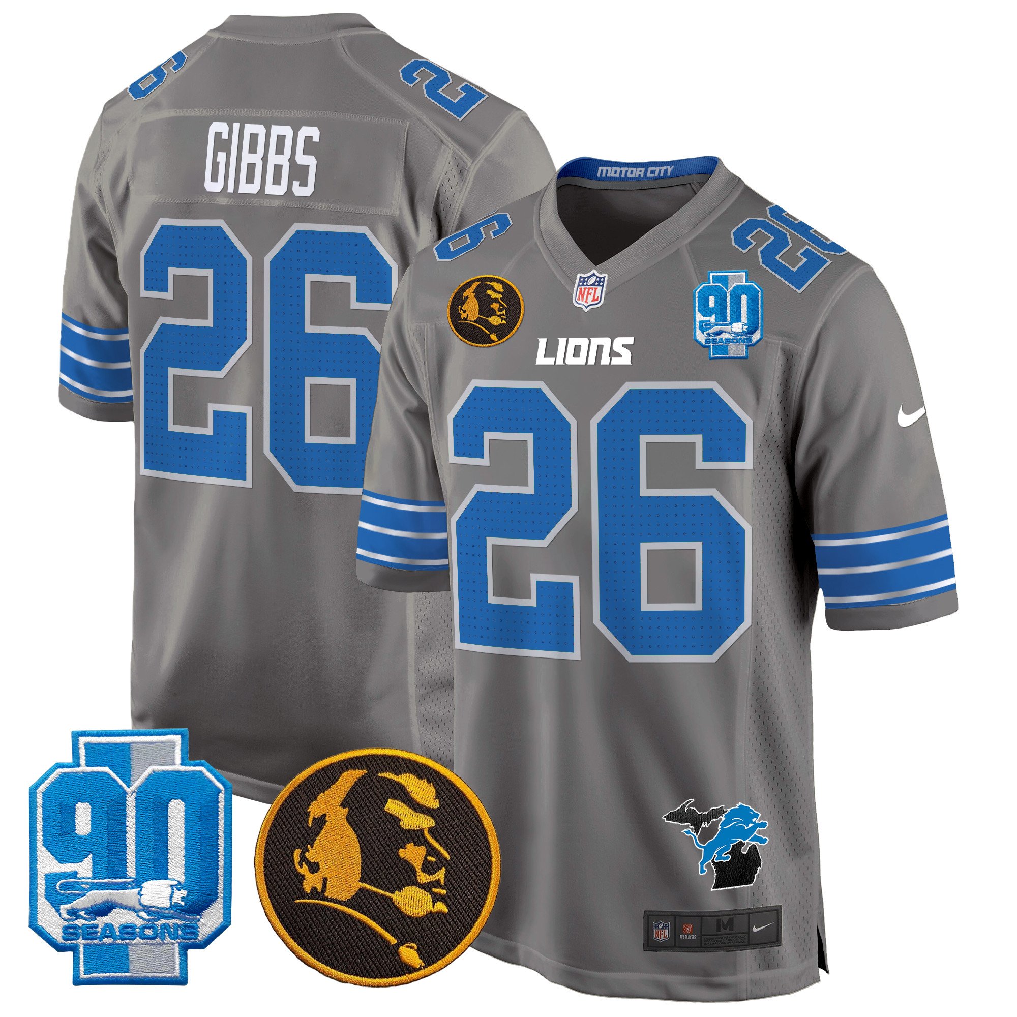 Men's Jahmyr Gibbs Detroit Lions 2024 90th & John Madden Patch Game Gray Jersey - All Stitched