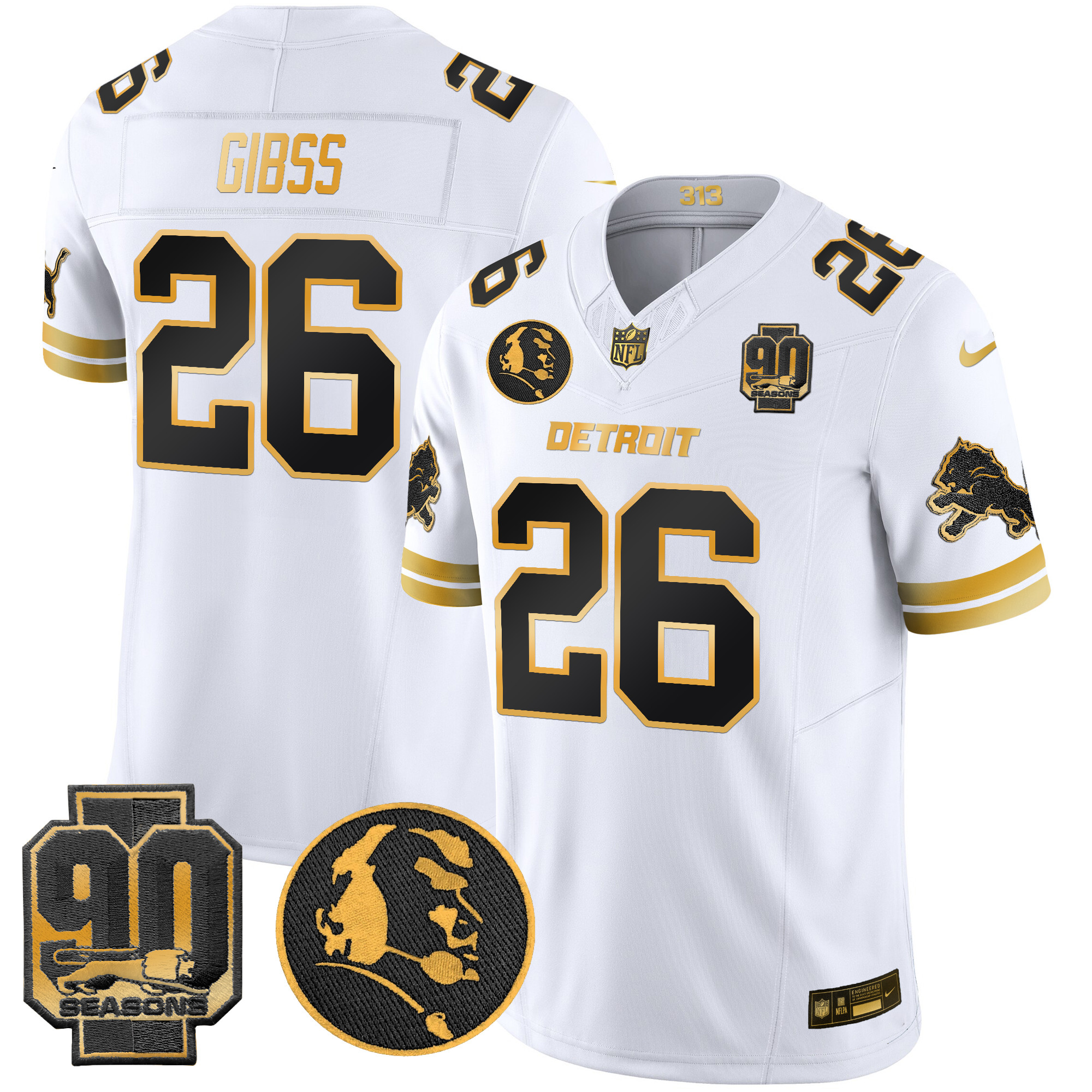 Men's Jahmyr Gibbs Detroit Lions 2024 90th & John Madden Patch Gold Vapor Limited White Gold Jersey - All Stitched