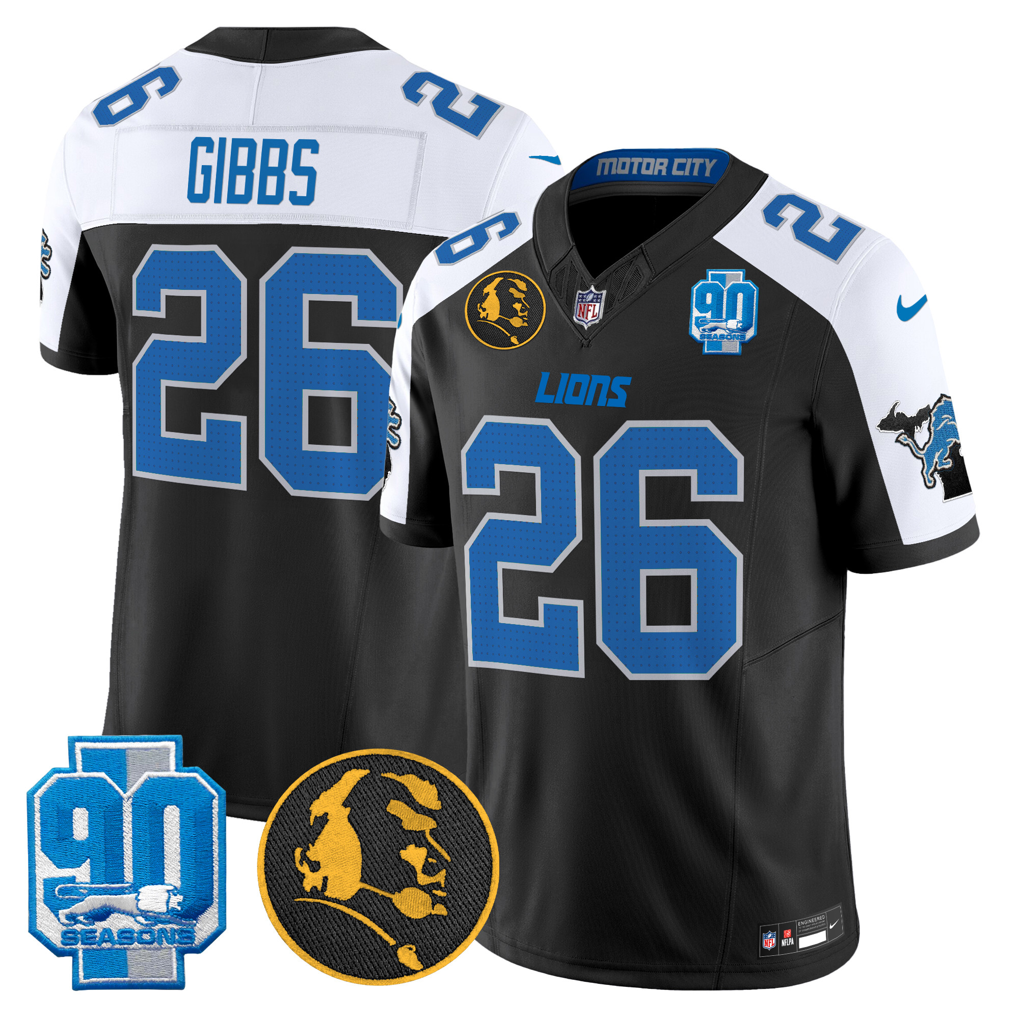 Men's Jahmyr Gibbs Detroit Lions 2024 90th & John Madden Patch Vapor Limited Alternate Jersey - All Stitched