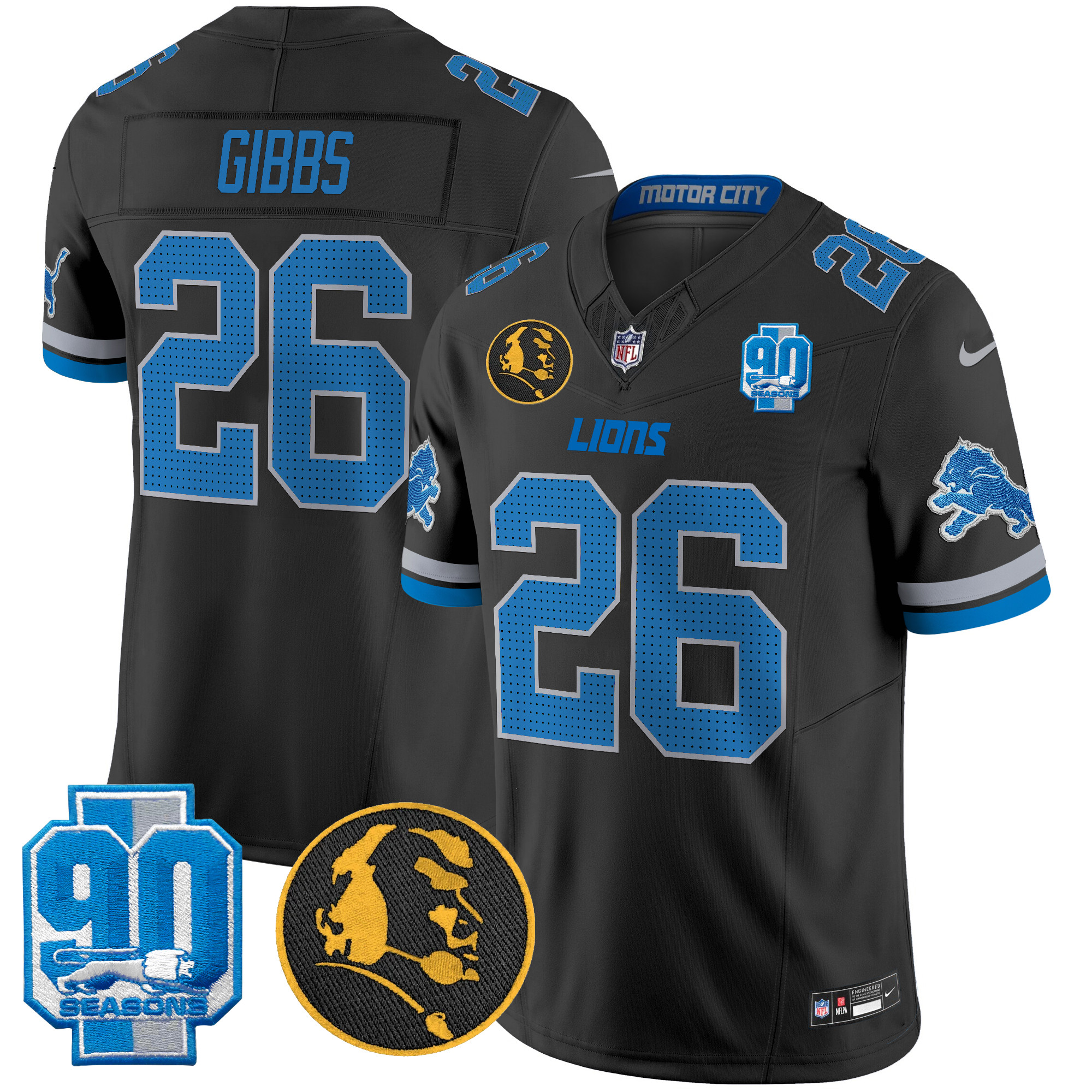 Men's Jahmyr Gibbs Detroit Lions 2024 90th & John Madden Patch Vapor Limited Black Jersey - All Stitched