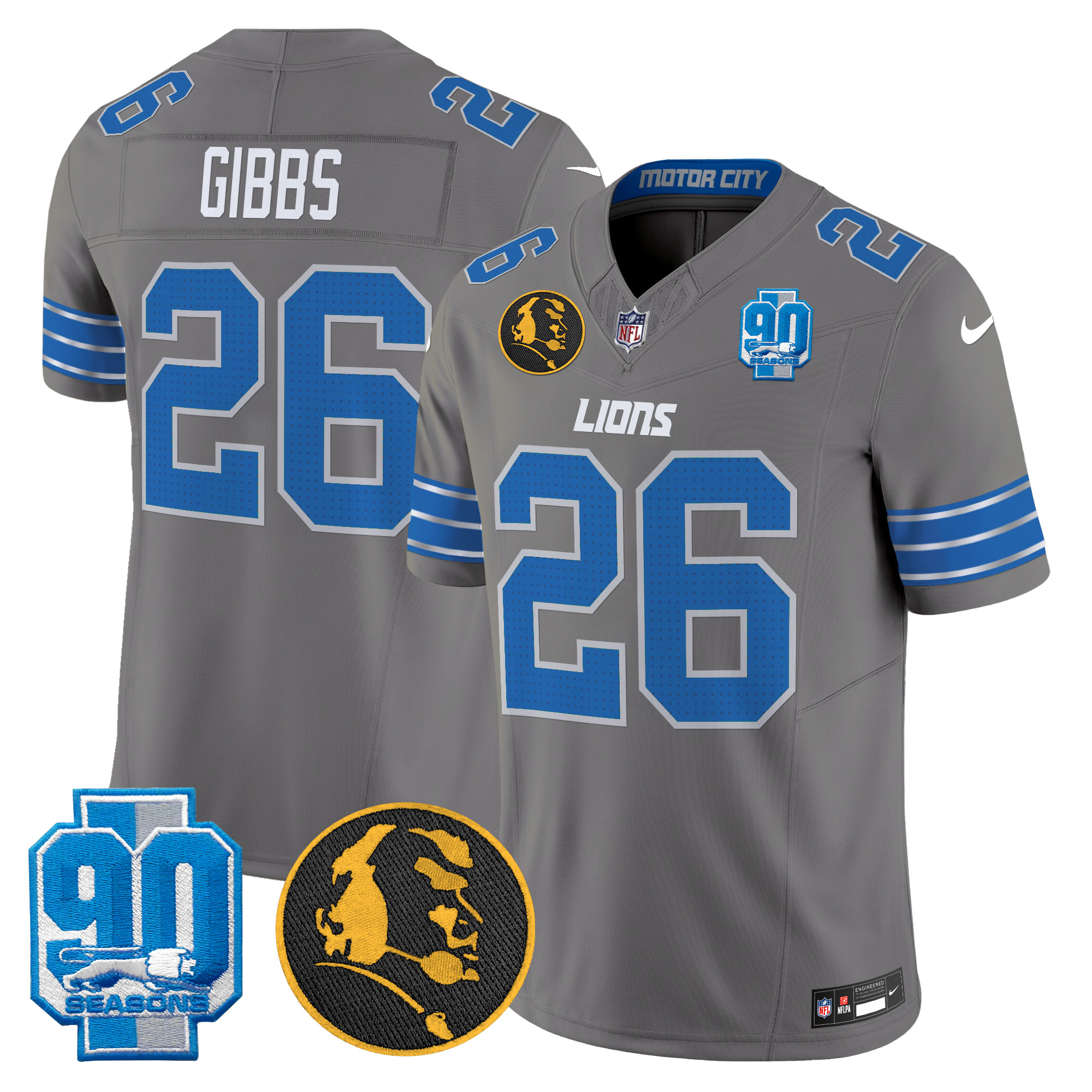 Men's Jahmyr Gibbs Detroit Lions 2024 90th & John Madden Patch Vapor Limited Gray Jersey - All Stitched