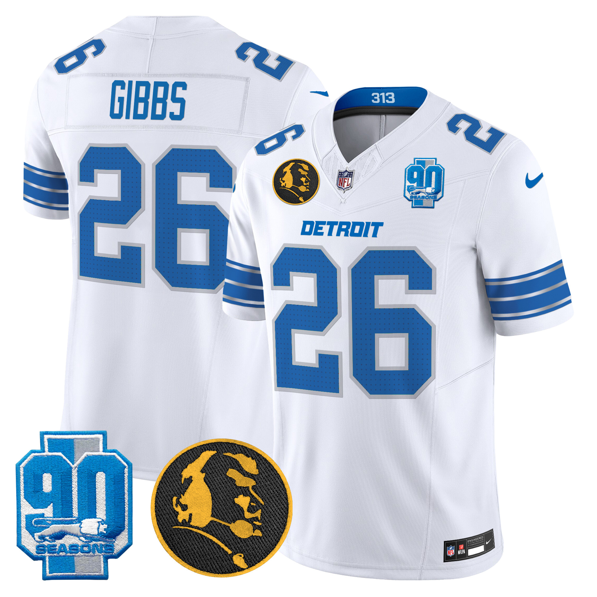 Men's Jahmyr Gibbs Detroit Lions 2024 90th & John Madden Patch Vapor Limited White Jersey - All Stitched