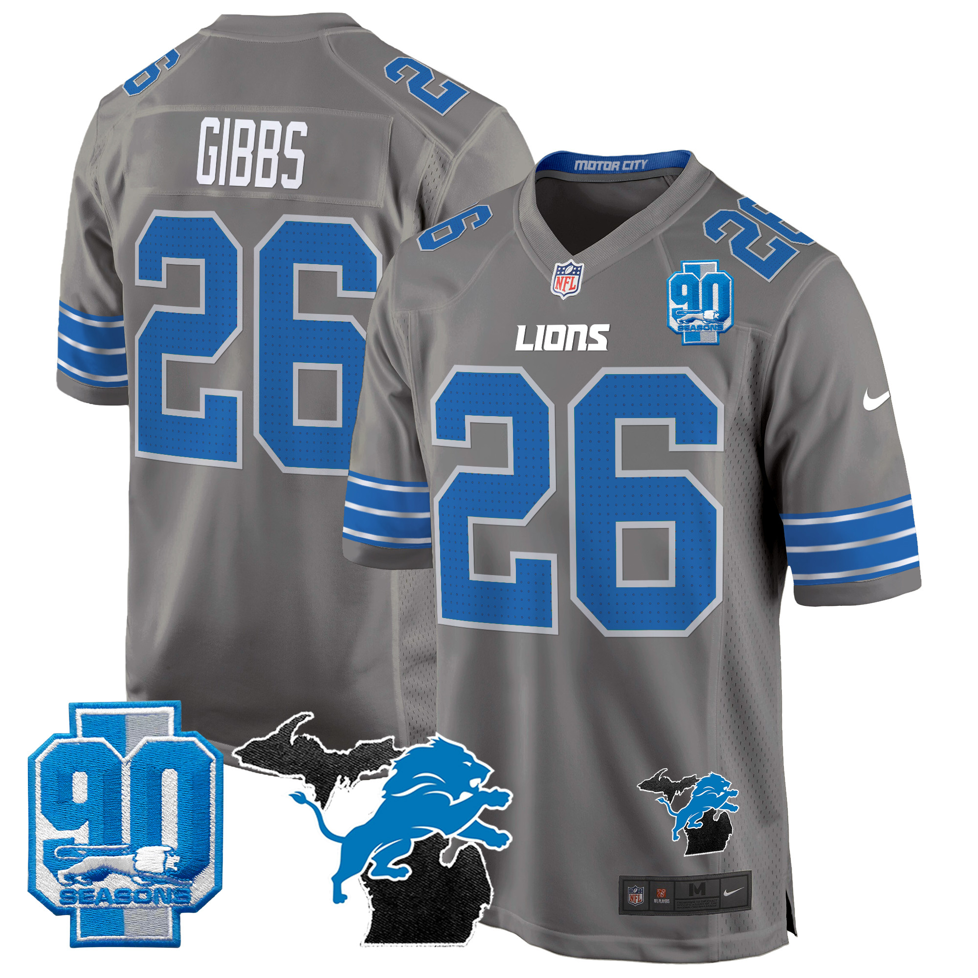 Men's Jahmyr Gibbs Detroit Lions 2024 Michigan & 90th Year Patch Game Gray Jersey - All Stitched