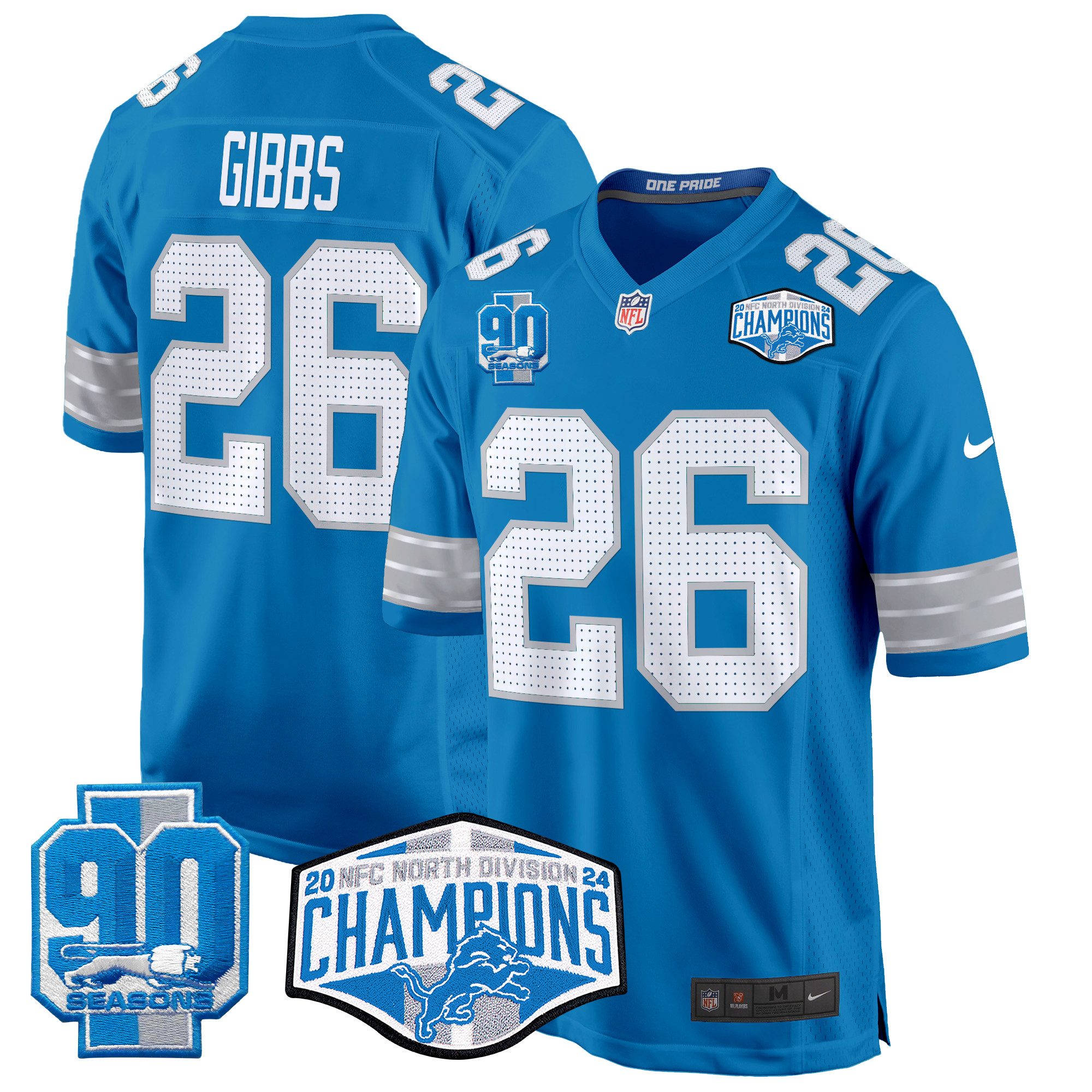 Men's Jahmyr Gibbs Detroit Lions 2024 NFC North Division Champions Patch Game Blue Jersey - All Stitched