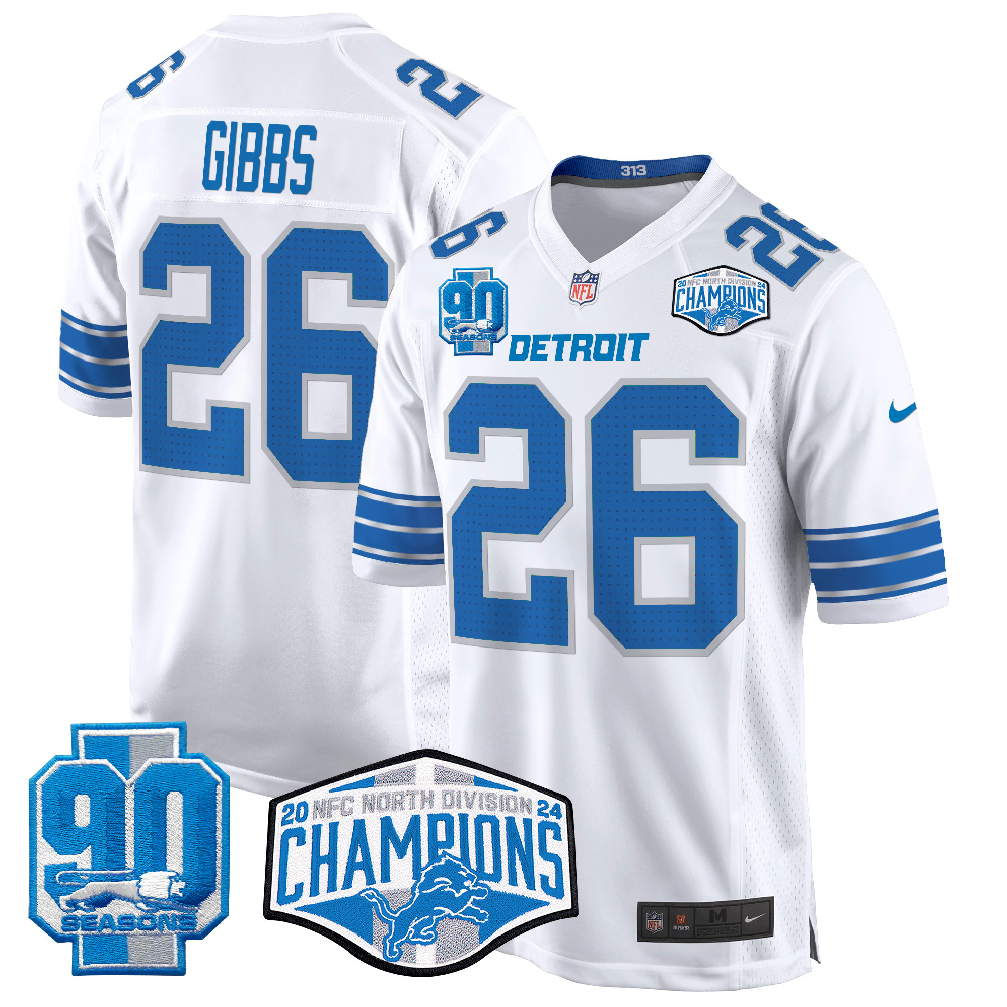 Men's Jahmyr Gibbs Detroit Lions 2024 NFC North Division Champions Patch Game White Jersey - All Stitched
