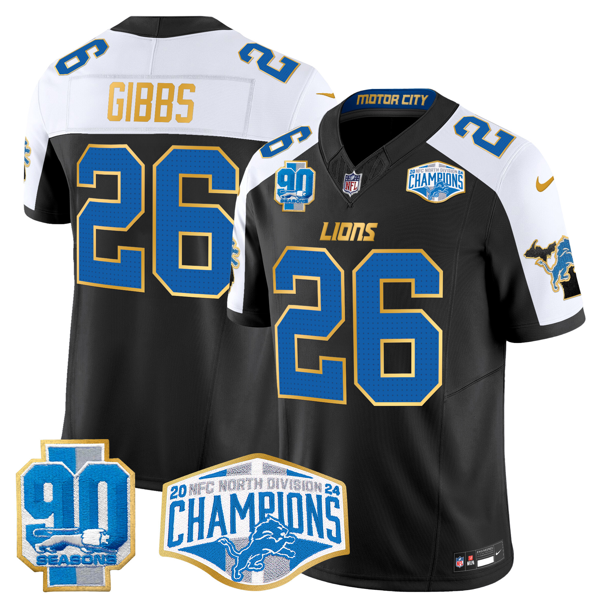 Men's Jahmyr Gibbs Detroit Lions 2024 NFC North Division Champions Patch Gold Trim Vapor Limited Black Alternate Jersey - All Stitched