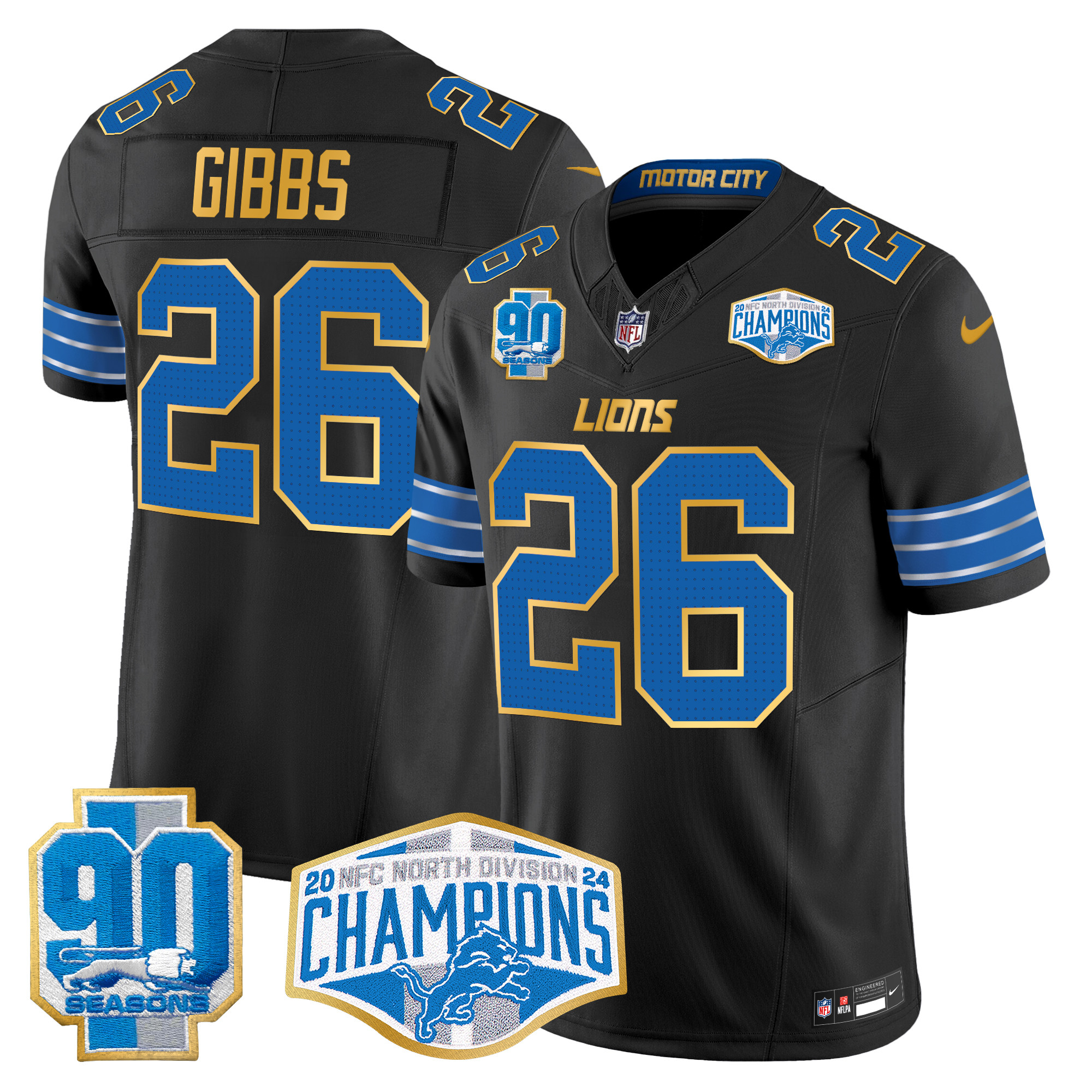Men's Jahmyr Gibbs Detroit Lions 2024 NFC North Division Champions Patch Gold Trim Vapor Limited Black Jersey - All Stitched
