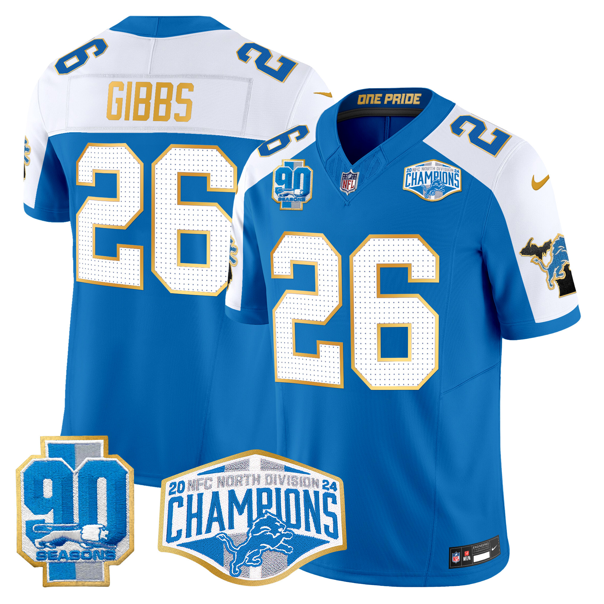 Men's Jahmyr Gibbs Detroit Lions 2024 NFC North Division Champions Patch Gold Trim Vapor Limited Blue Alternate Jersey - All Stitched
