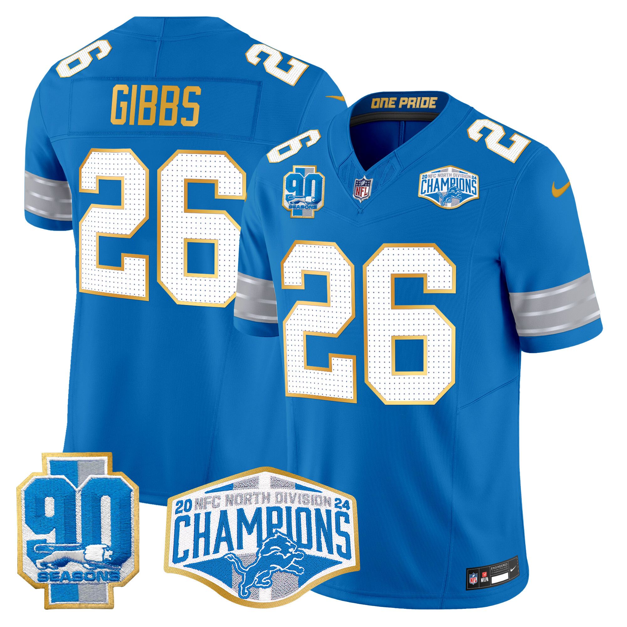 Men's Jahmyr Gibbs Detroit Lions 2024 NFC North Division Champions Patch Gold Trim Vapor Limited Blue Jersey - All Stitched