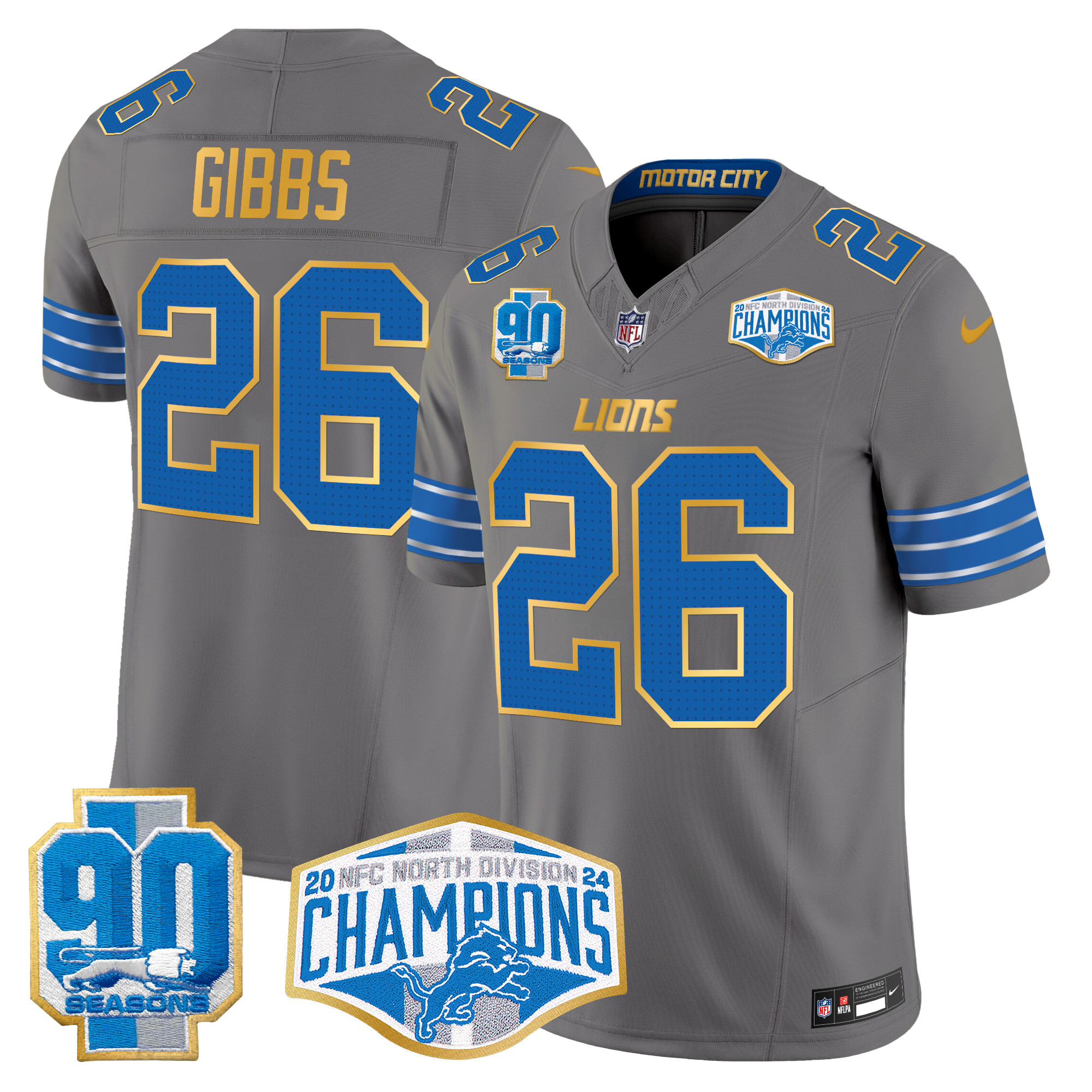 Men's Jahmyr Gibbs Detroit Lions 2024 NFC North Division Champions Patch Gold Trim Vapor Limited Gray Jersey - All Stitched