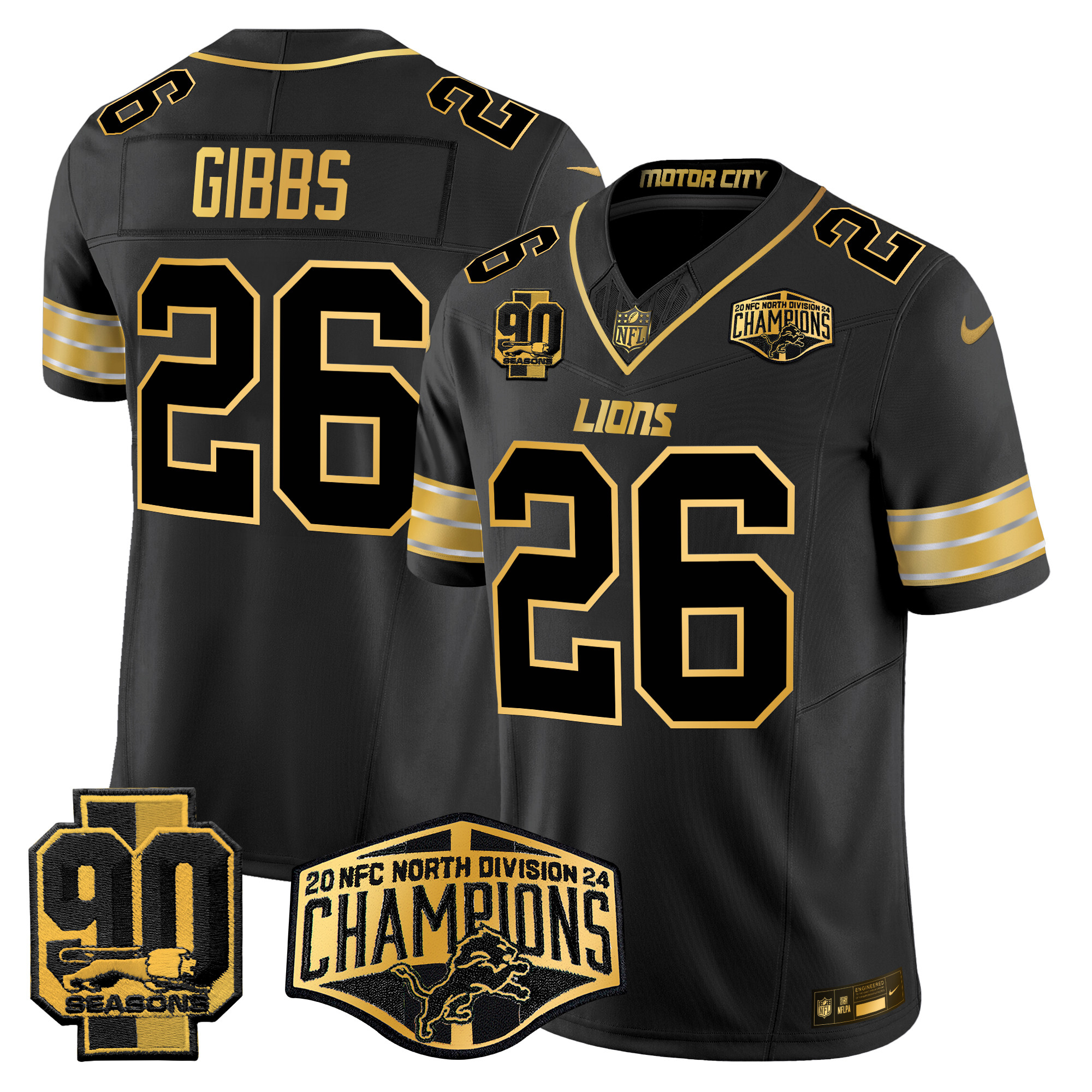 Men's Jahmyr Gibbs Detroit Lions 2024 NFC North Division Champions Patch Gold Vapor Limited Black Gold Jersey - All Stitched