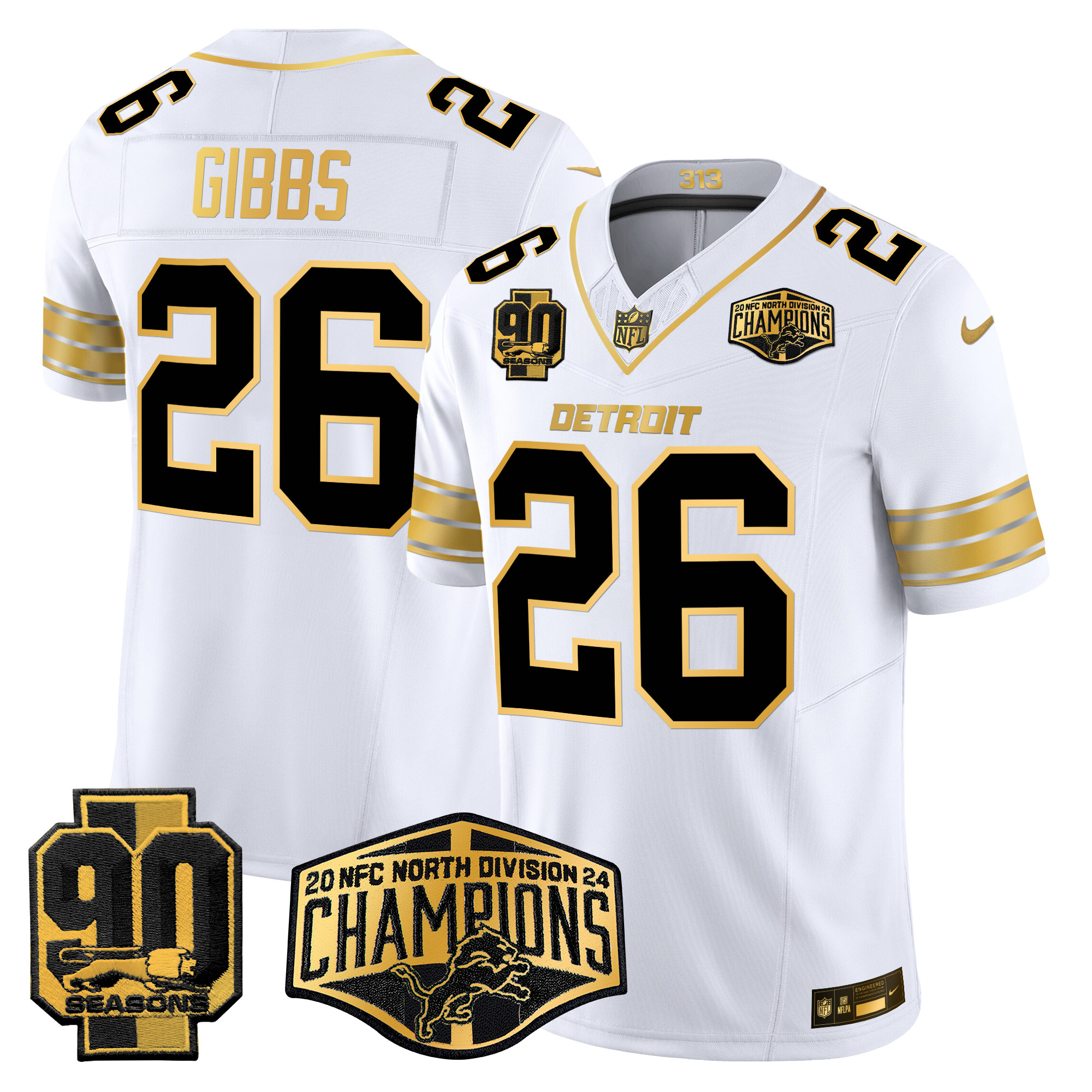 Men's Jahmyr Gibbs Detroit Lions 2024 NFC North Division Champions Patch Gold Vapor Limited White Gold Jersey - All Stitched