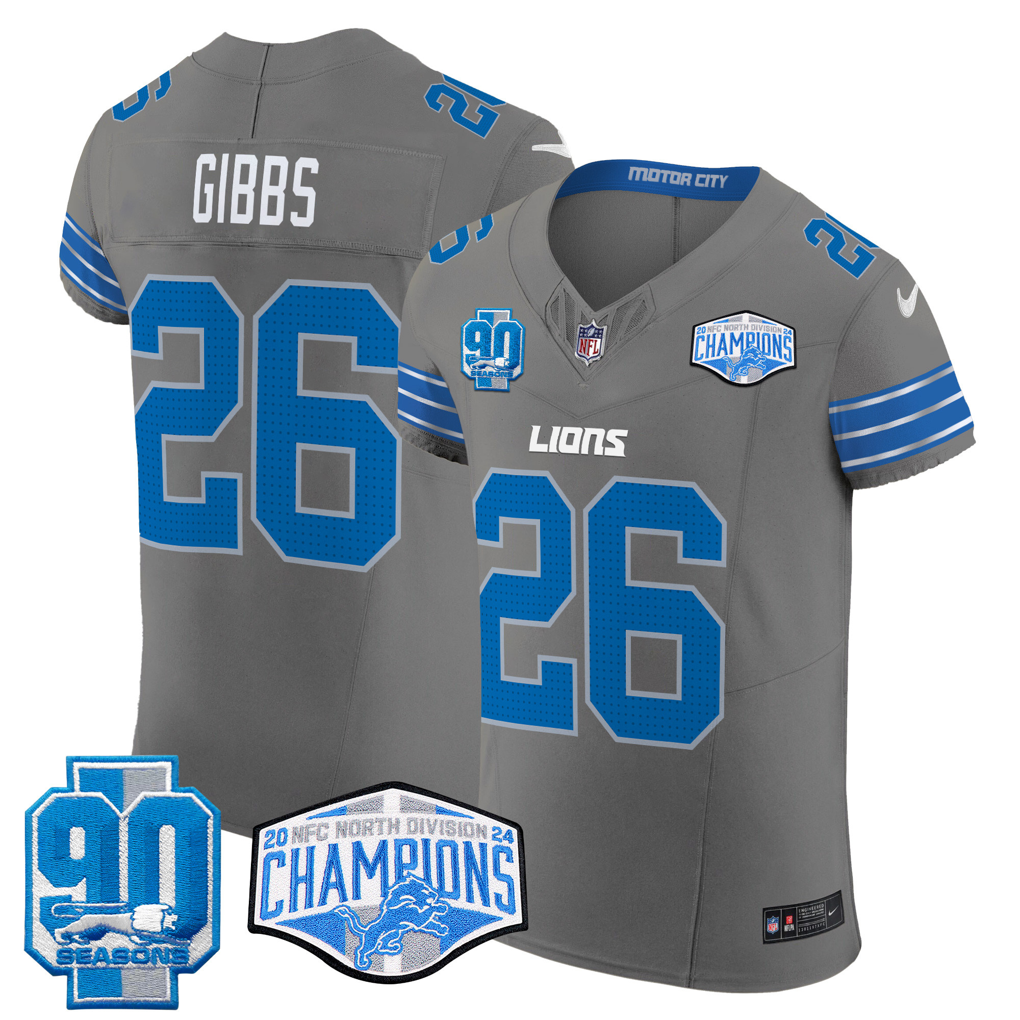 Men's Jahmyr Gibbs Detroit Lions 2024 NFC North Division Champions Patch Vapor Elite Gray Jersey - All Stitched