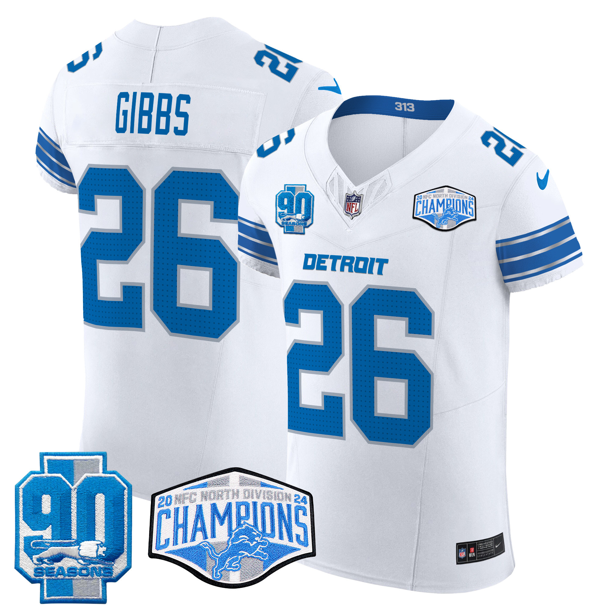 Men's Jahmyr Gibbs Detroit Lions 2024 NFC North Division Champions Patch Vapor Elite White Jersey - All Stitched