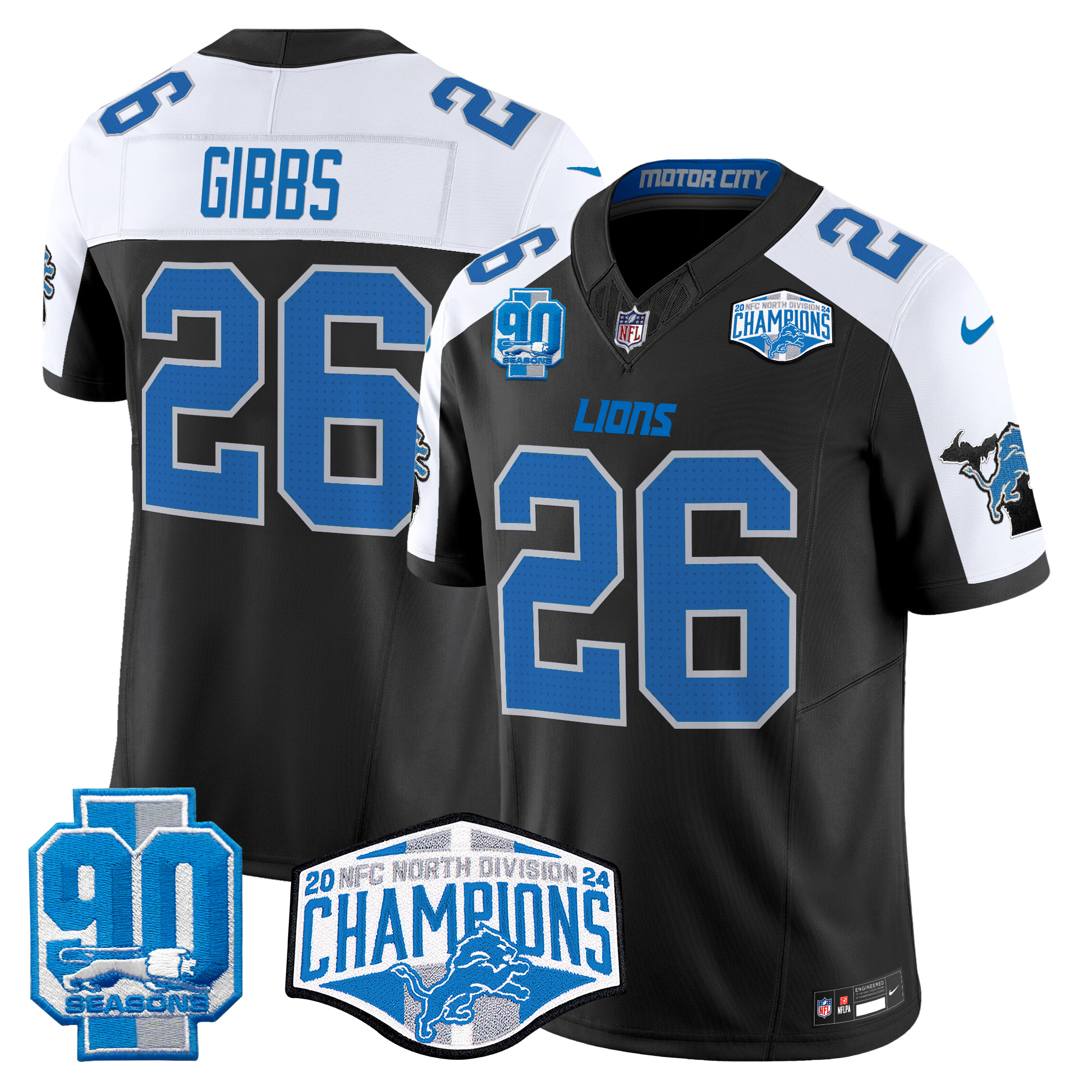 Men's Jahmyr Gibbs Detroit Lions 2024 NFC North Division Champions Patch Vapor Limited Black Alternate Jersey - All Stitched