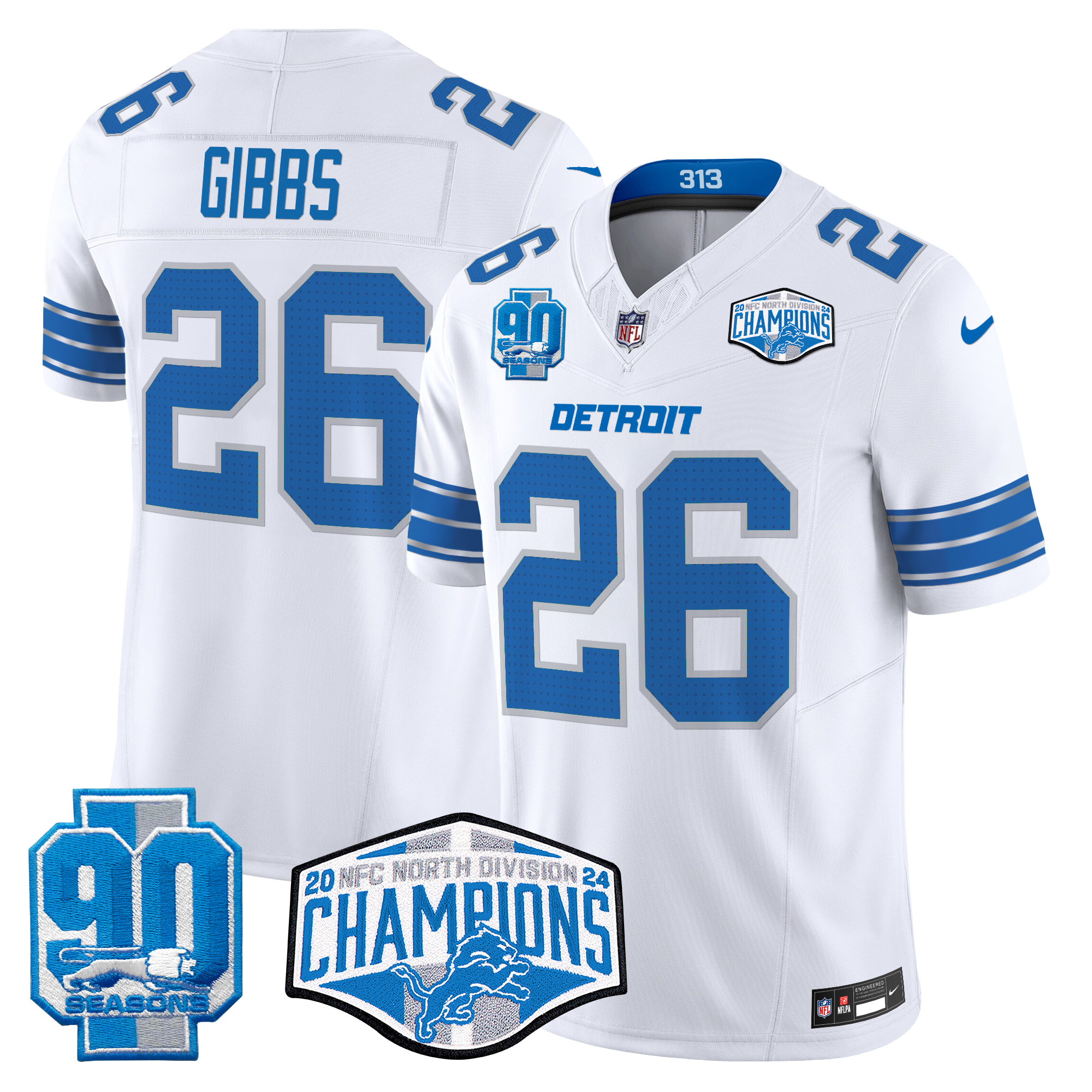 Men's Jahmyr Gibbs Detroit Lions 2024 NFC North Division Champions Patch Vapor Limited White Jersey - All Stitched
