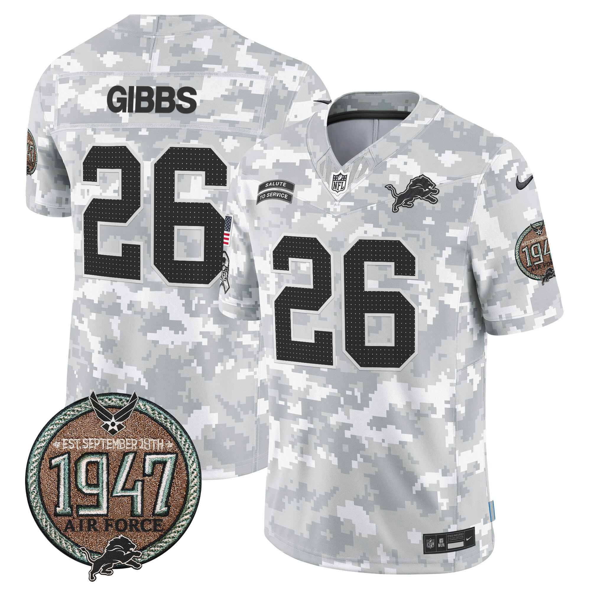 Men's Jahmyr Gibbs Detroit Lions 2024 Salute to Service Establishment Year Patch Vapor Limited Air Force Jersey - All Stitched