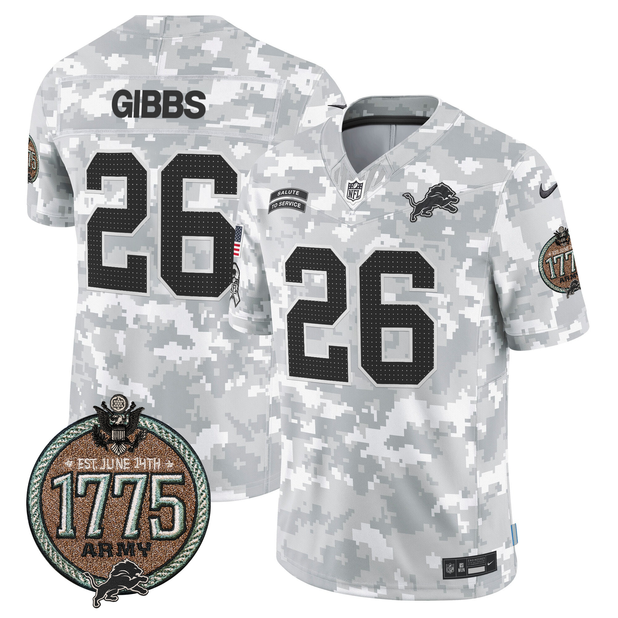 Men's Jahmyr Gibbs Detroit Lions 2024 Salute to Service Establishment Year Patch Vapor Limited Army Jersey - All Stitched