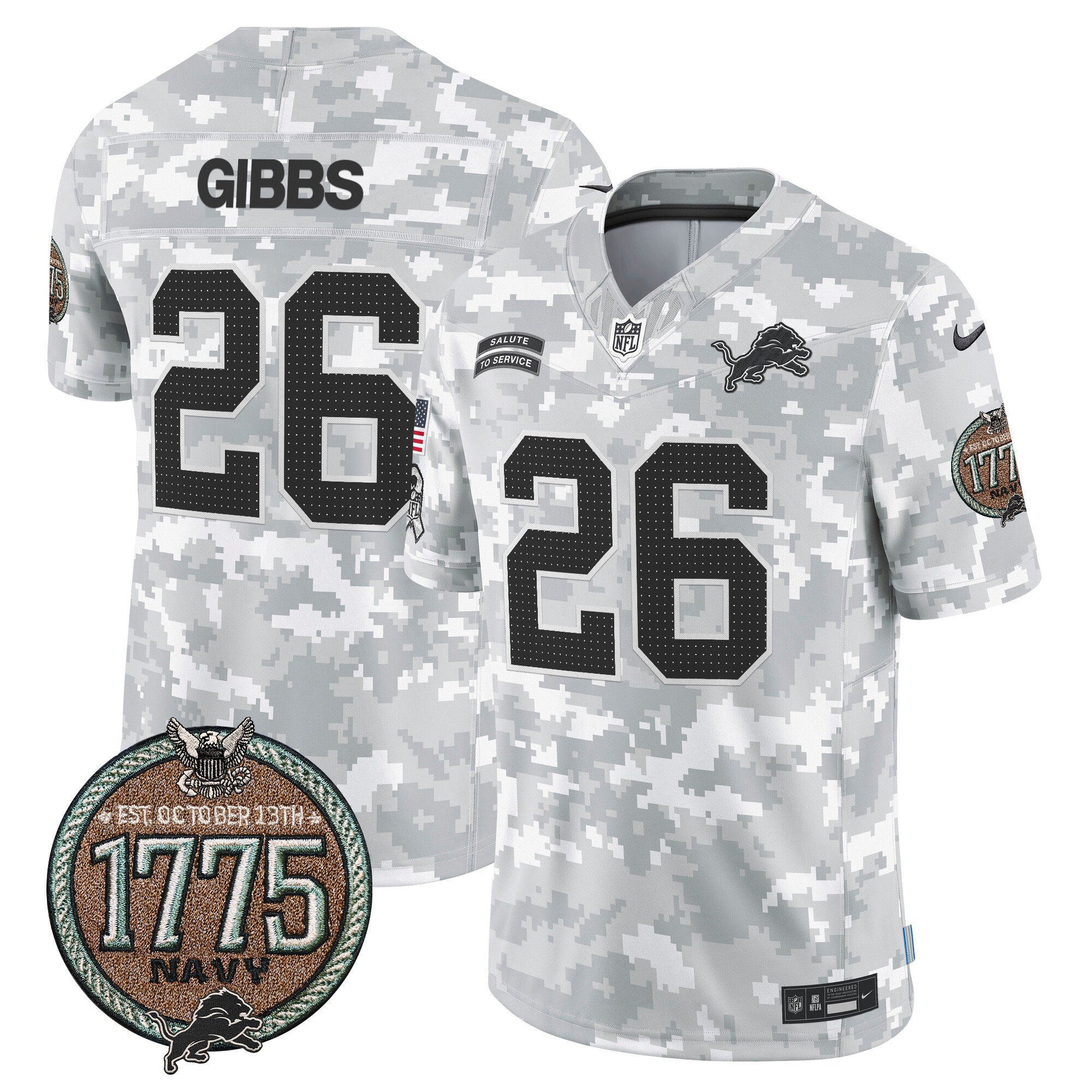 Men's Jahmyr Gibbs Detroit Lions 2024 Salute to Service Establishment Year Patch Vapor Limited Navy Jersey - All Stitched