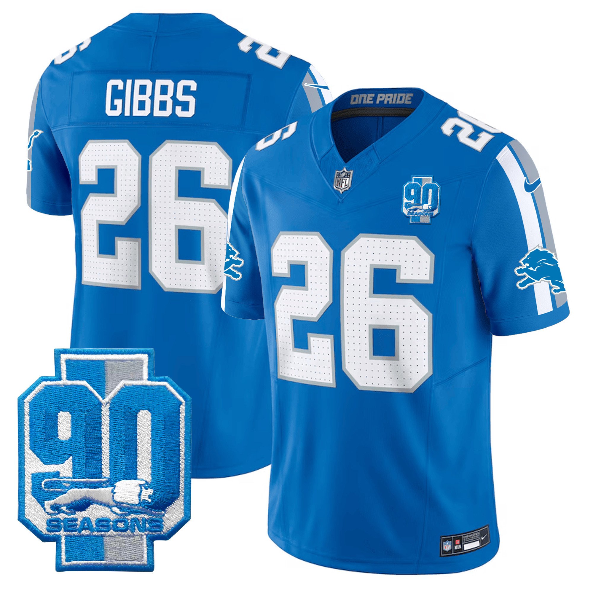Men's Jahmyr Gibbs Detroit Lions 90th Year Patch Vapor Limited Blue Jersey - All Stitched