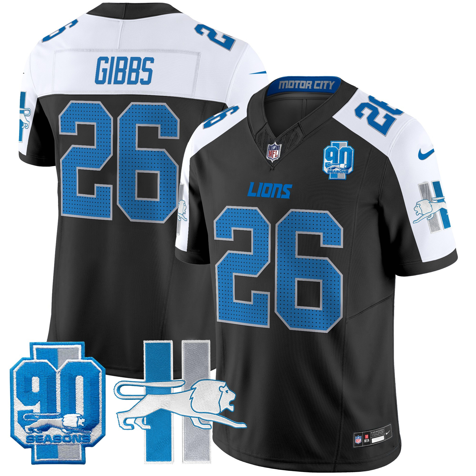 Men's Jahmyr Gibbs Detroit Lions Throwback 90th Year Patch Vapor Limited Black Alternate Jersey - All Stitched