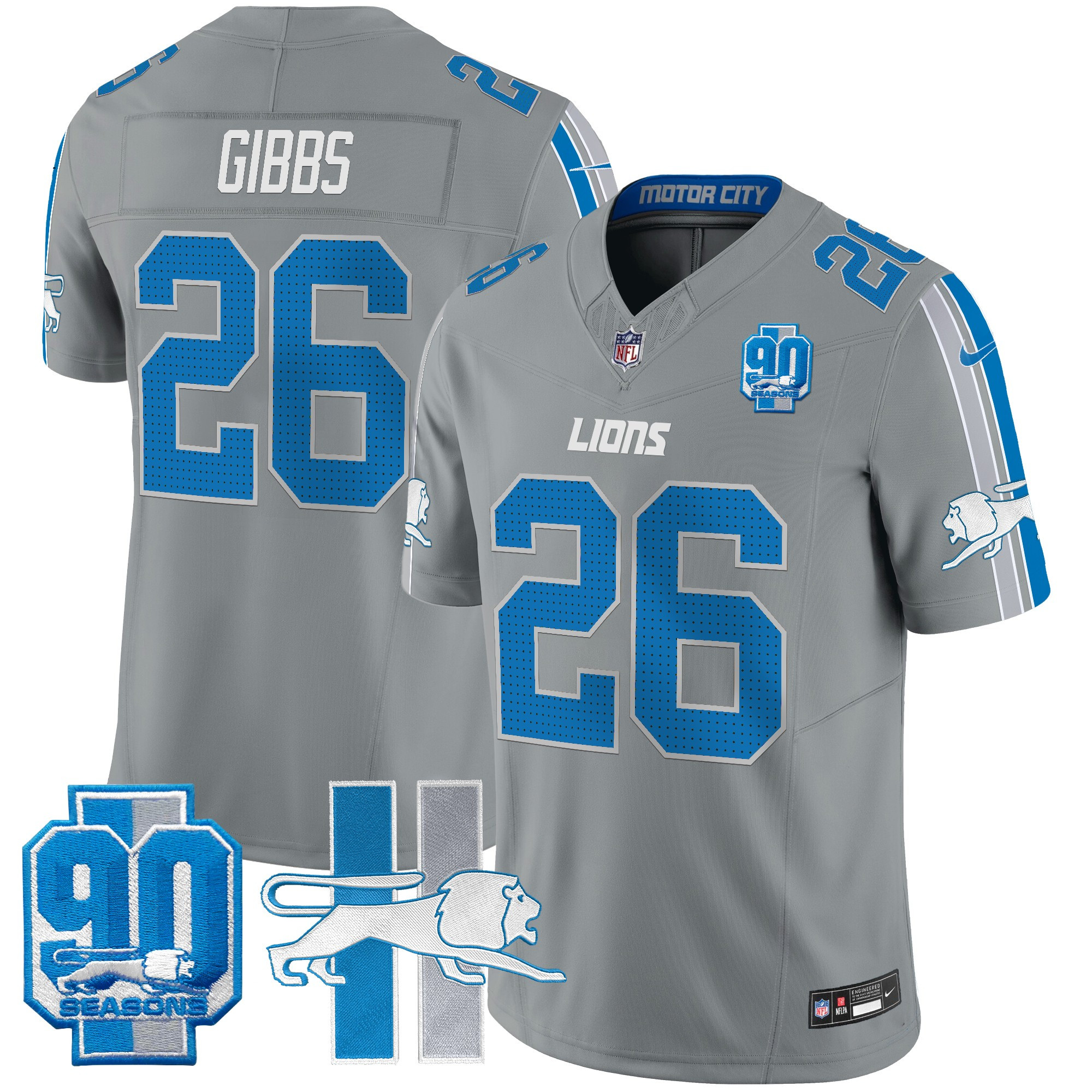 Men's Jahmyr Gibbs Detroit Lions Throwback 90th Year Patch Vapor Limited Gray Jersey - All Stitched